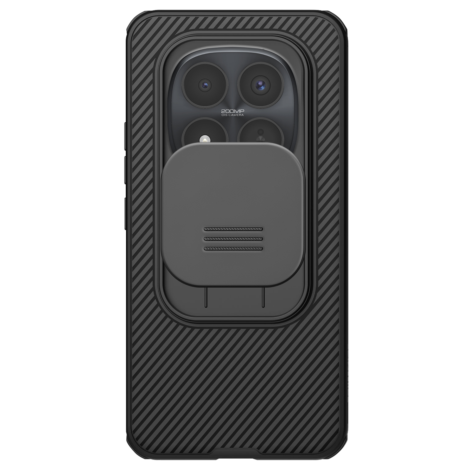 Coque de téléphone noire avec cache-objectif et texture.