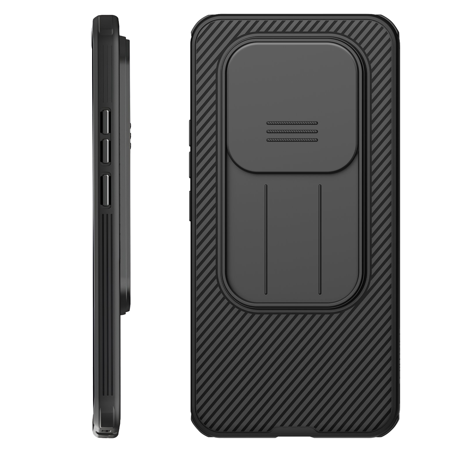 Coque noire pour téléphone avec cache coulissant pour appareil photo.