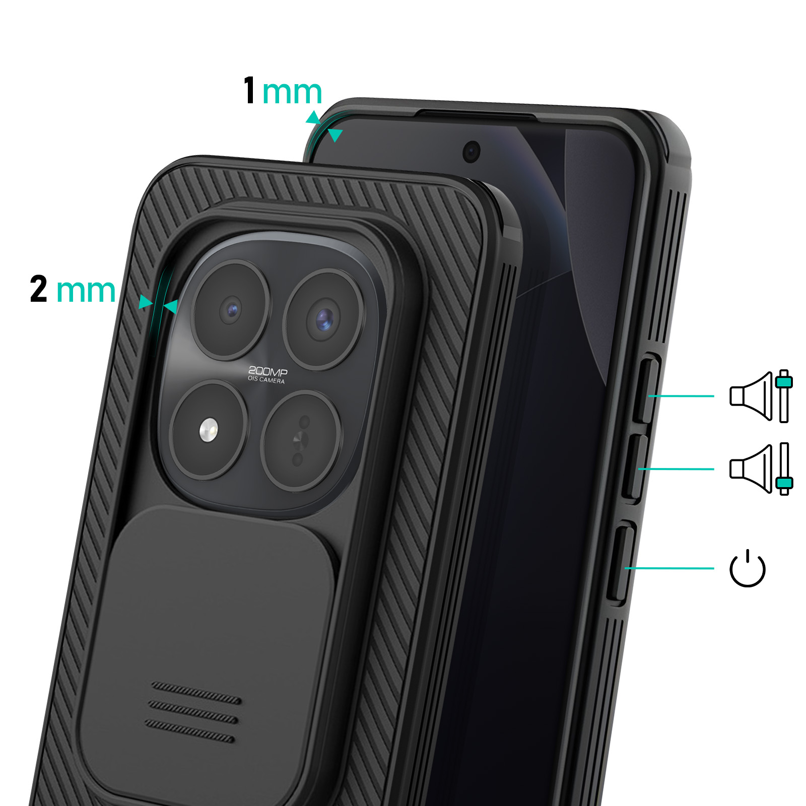 Coque de téléphone noire avec protection caméra 2 mm et bord d'écran 1 mm.