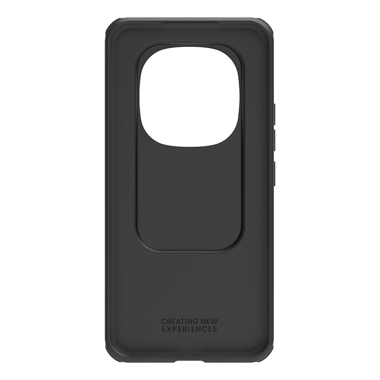 Coque de téléphone noire avec grande découpe en haut et texte en bas.