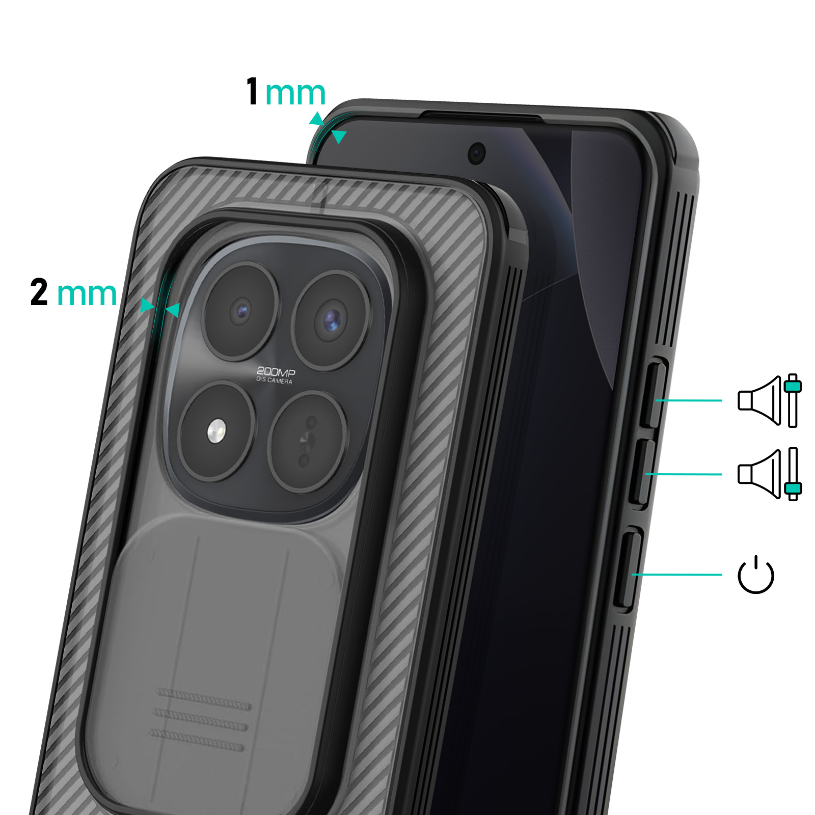 Una custodia per telefono con segni di 1mm e 2mm. Modulo fotocamera.