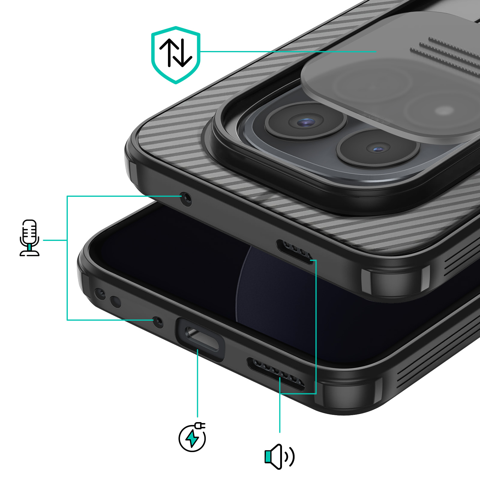Custodia nera per telefono con copri-fotocamera, icone microfono, ricarica, altoparlante.