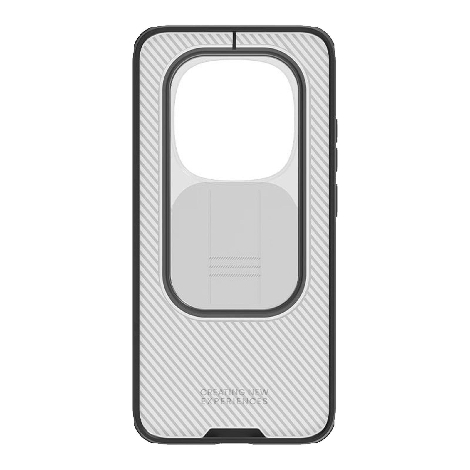 Una custodia bianca per telefono con linee diagonali e un ritaglio per la fotocamera.