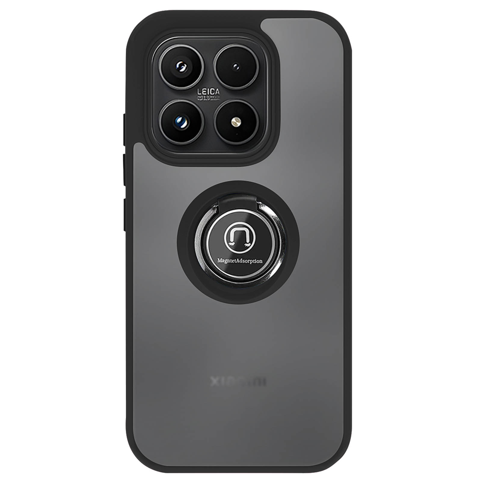 Achterkant van een zwarte telefoonhoes met Leica-camera en magnetische grip.