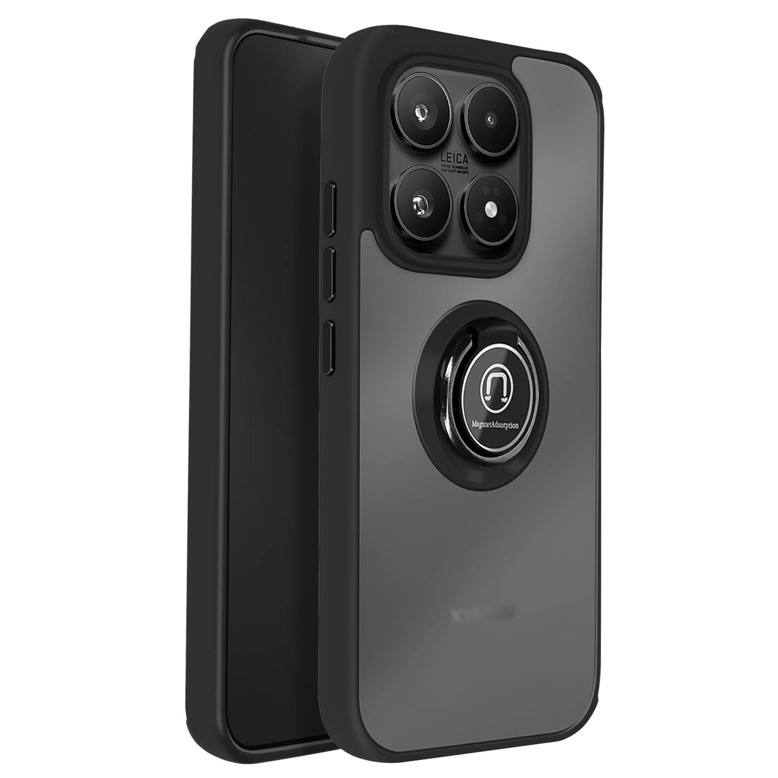Zwarte telefoonhoes met vier camera's en magnetische ring.