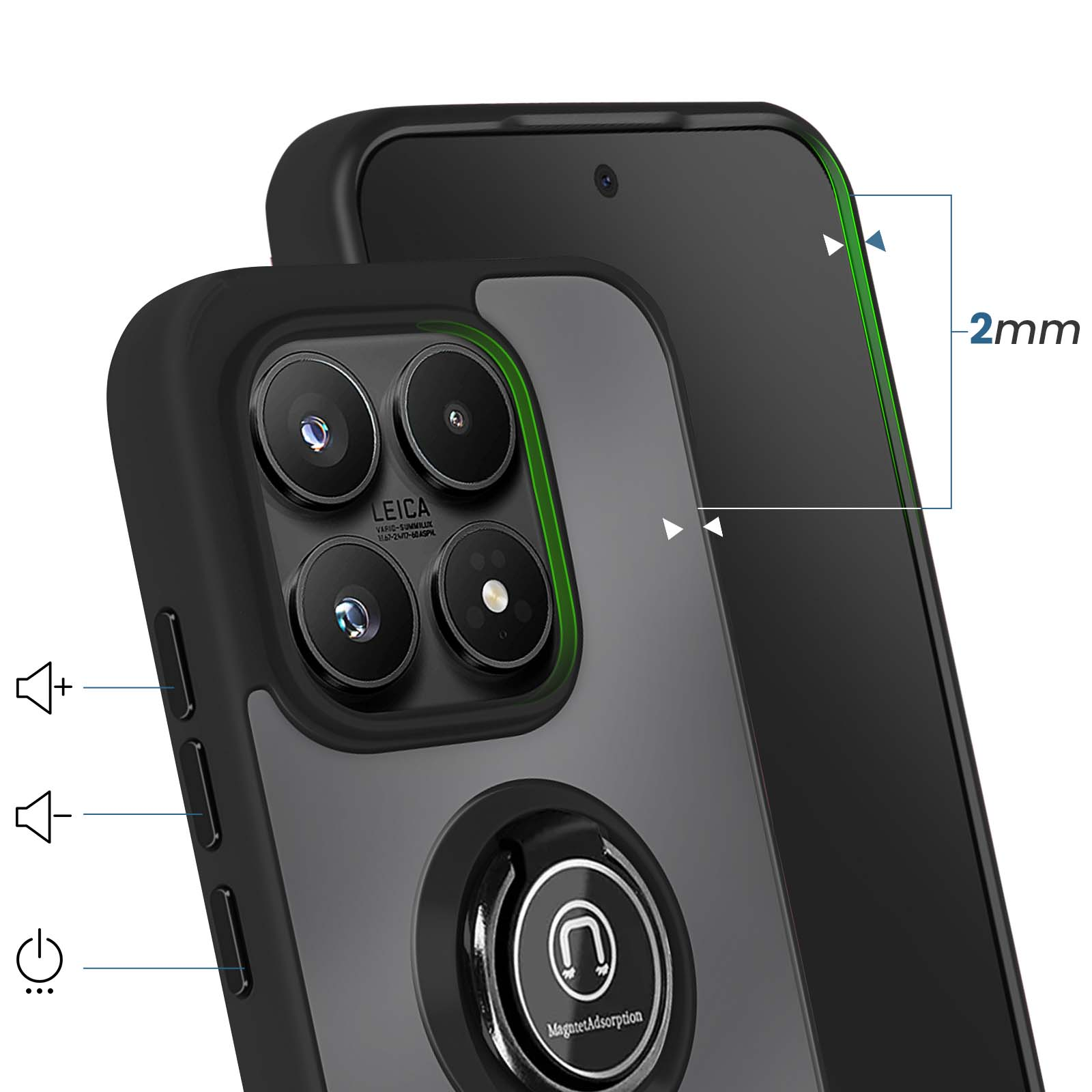 Zwarte telefoonhoes met quad camera's, ringhouder en volumeknoppen.