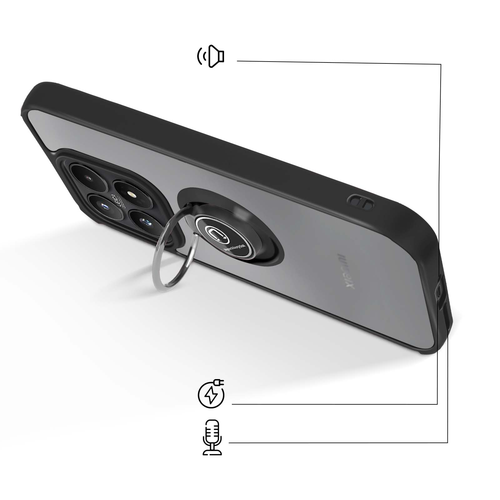 Zwarte telefoonhoes met ringhouder en camera-array. Iconen voor geluid, opladen, microfoon.