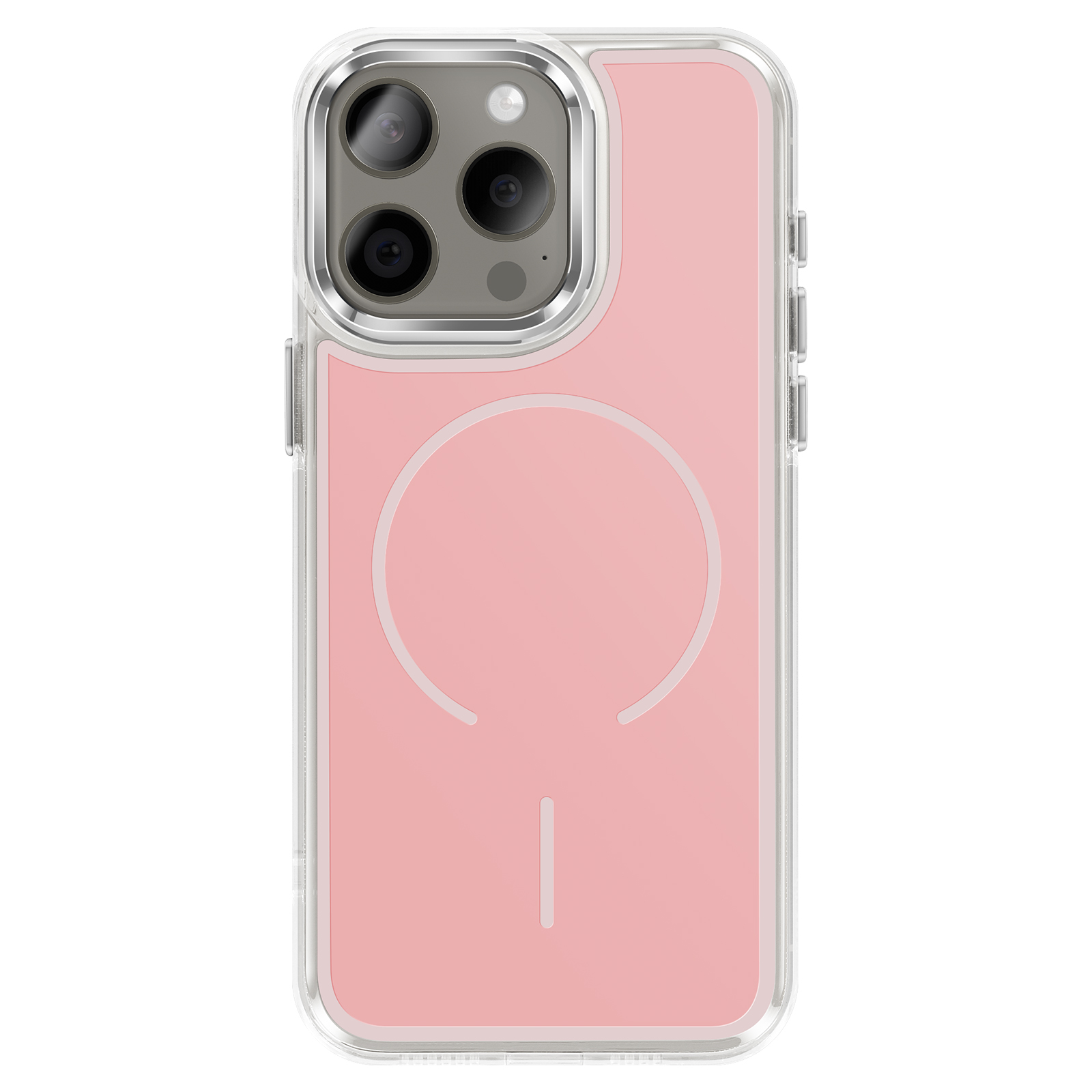 Achterkant van een roze iPhone in een doorzichtige hoes met camera en ring.