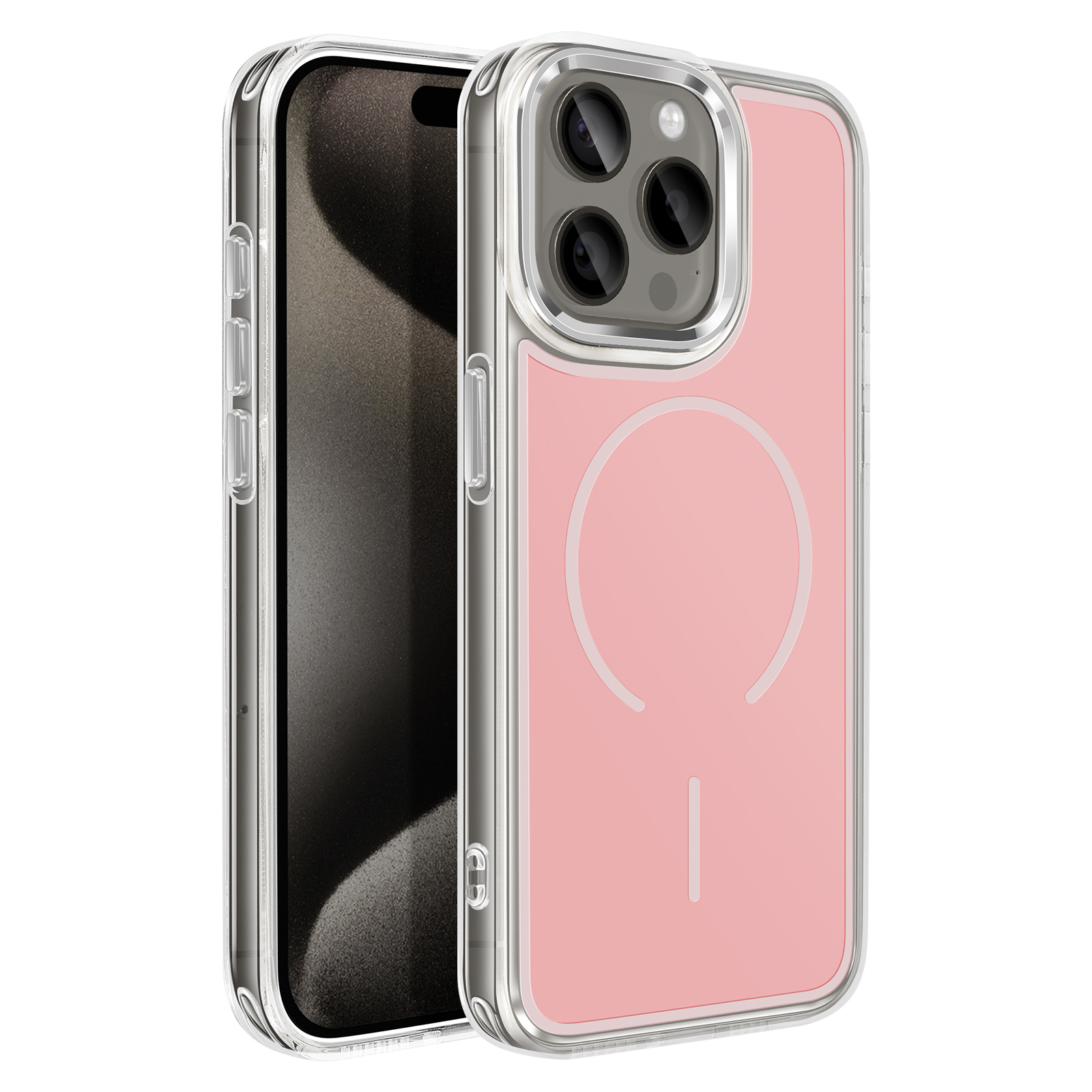 Een roze telefoonhoesje met transparante randen en cameralenzen.