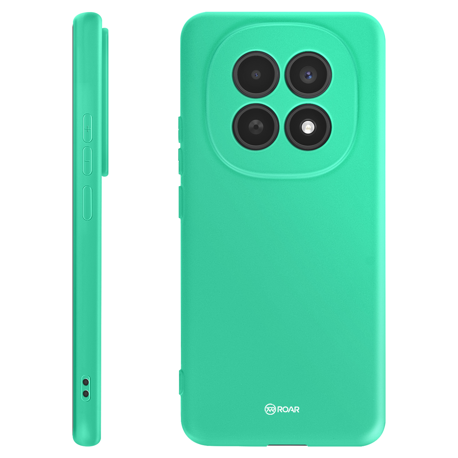 Coque de téléphone verte avec quatre caméras et boutons latéraux.