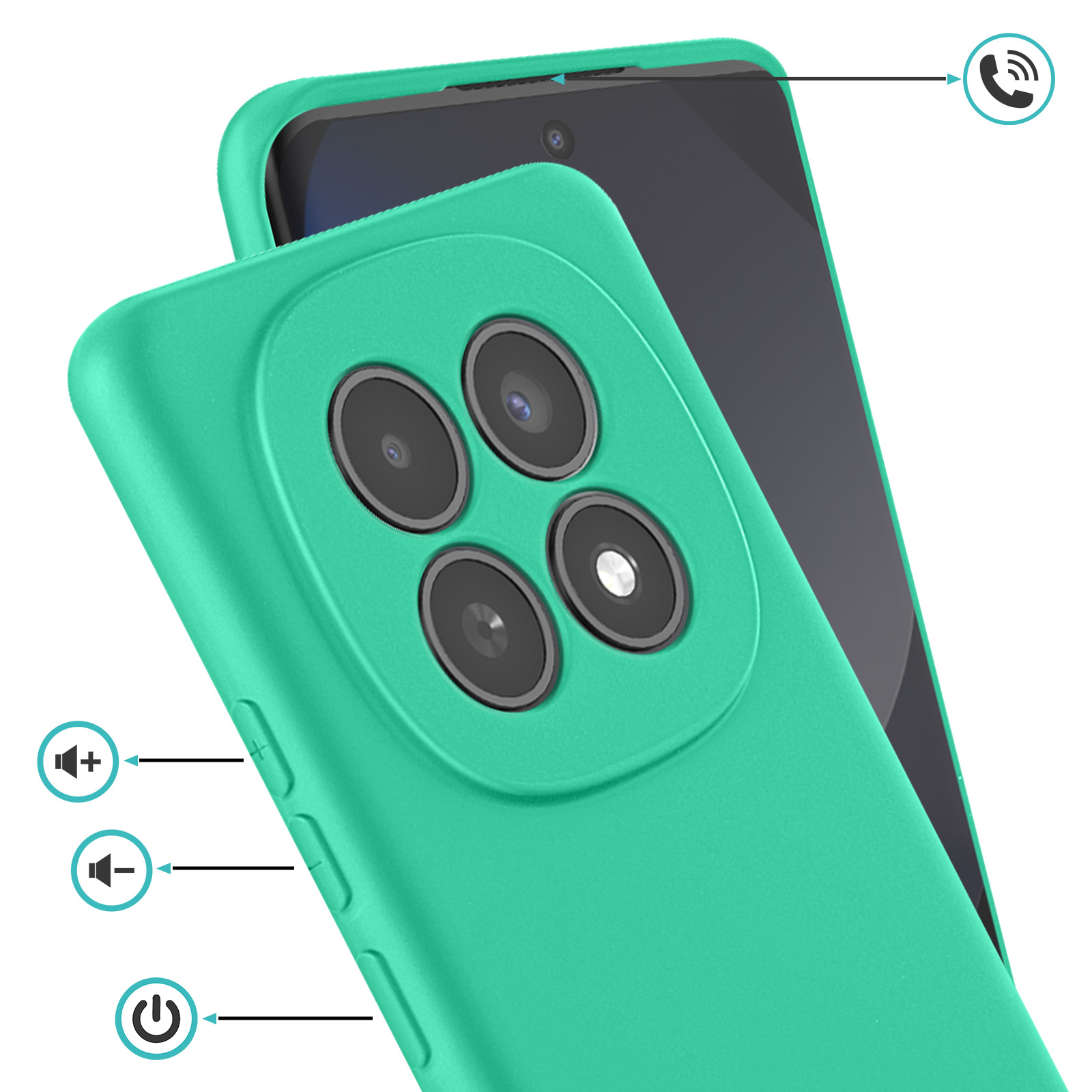 Coque de téléphone bleu sarcelle avec quatre caméras, boutons volume et marche/arrêt.