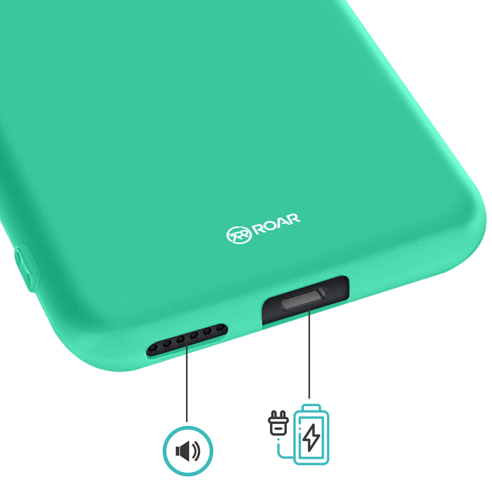 Coque de téléphone verte avec icônes de haut-parleur et de port de charge.