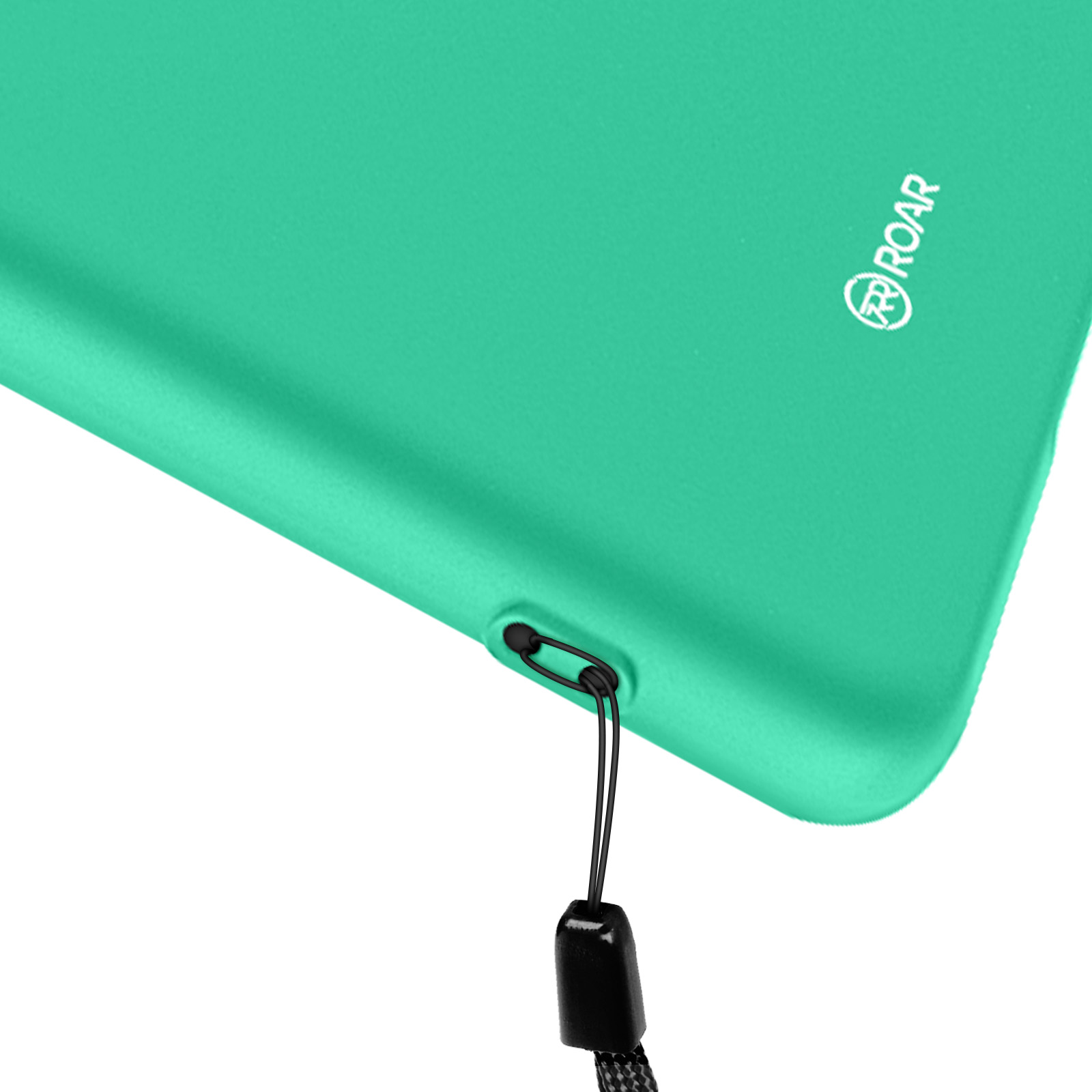 Coque turquoise pour téléphone avec lanière noire et logo.