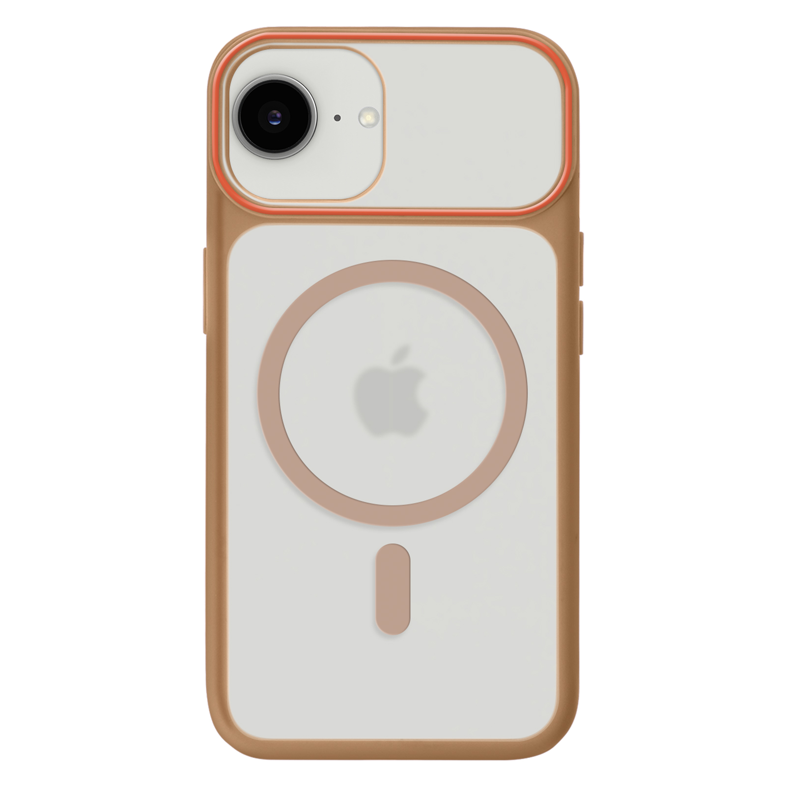 Une coque de téléphone dorée avec un dos transparent. Objectif de caméra en haut à gauche.