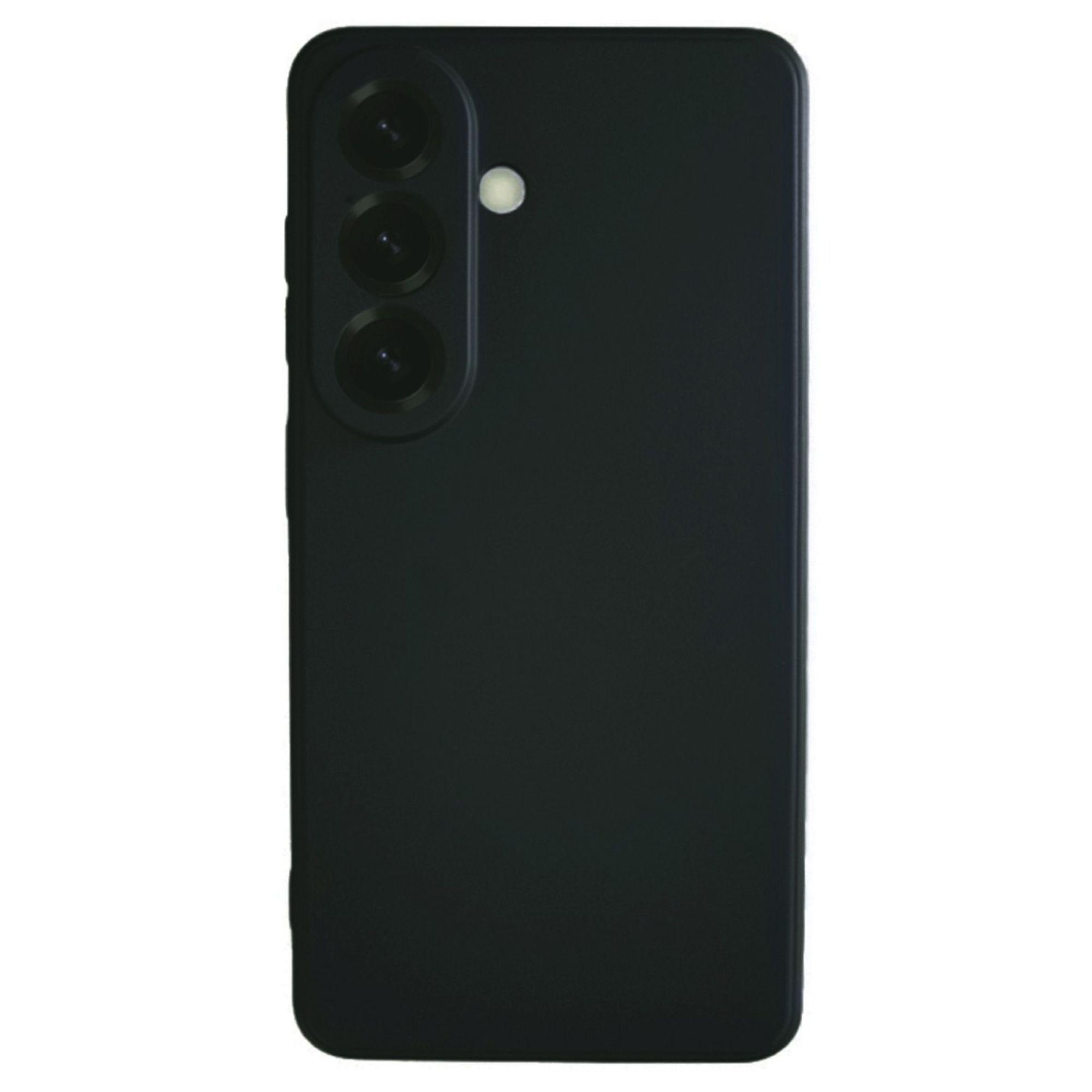 Rückseite eines schwarzen Smartphones mit drei Kameralinsen und Blitz.