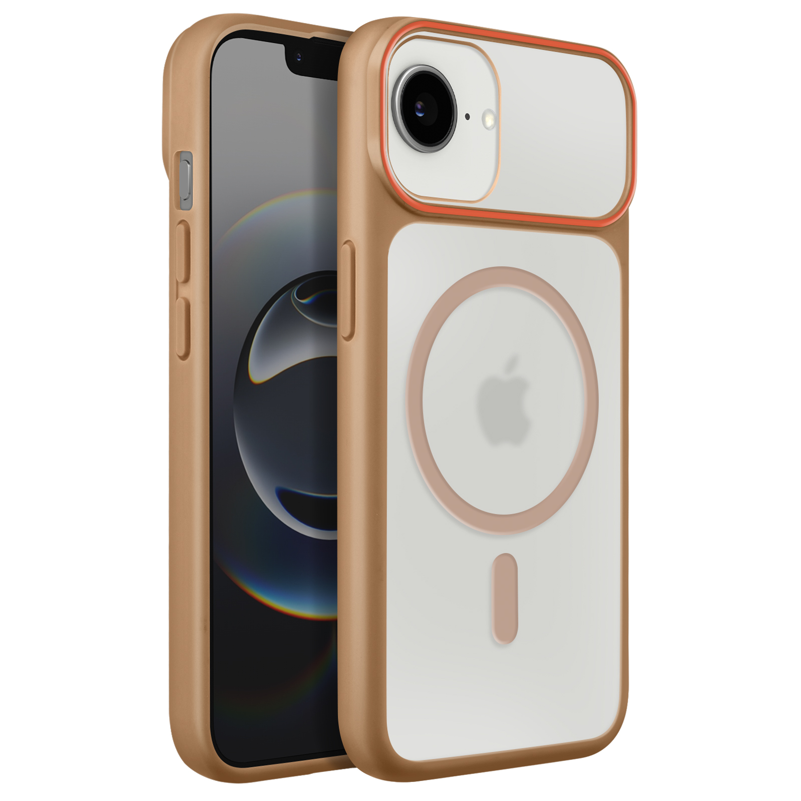 Un iPhone beige avec un étui MagSafe transparent à bordure orange.