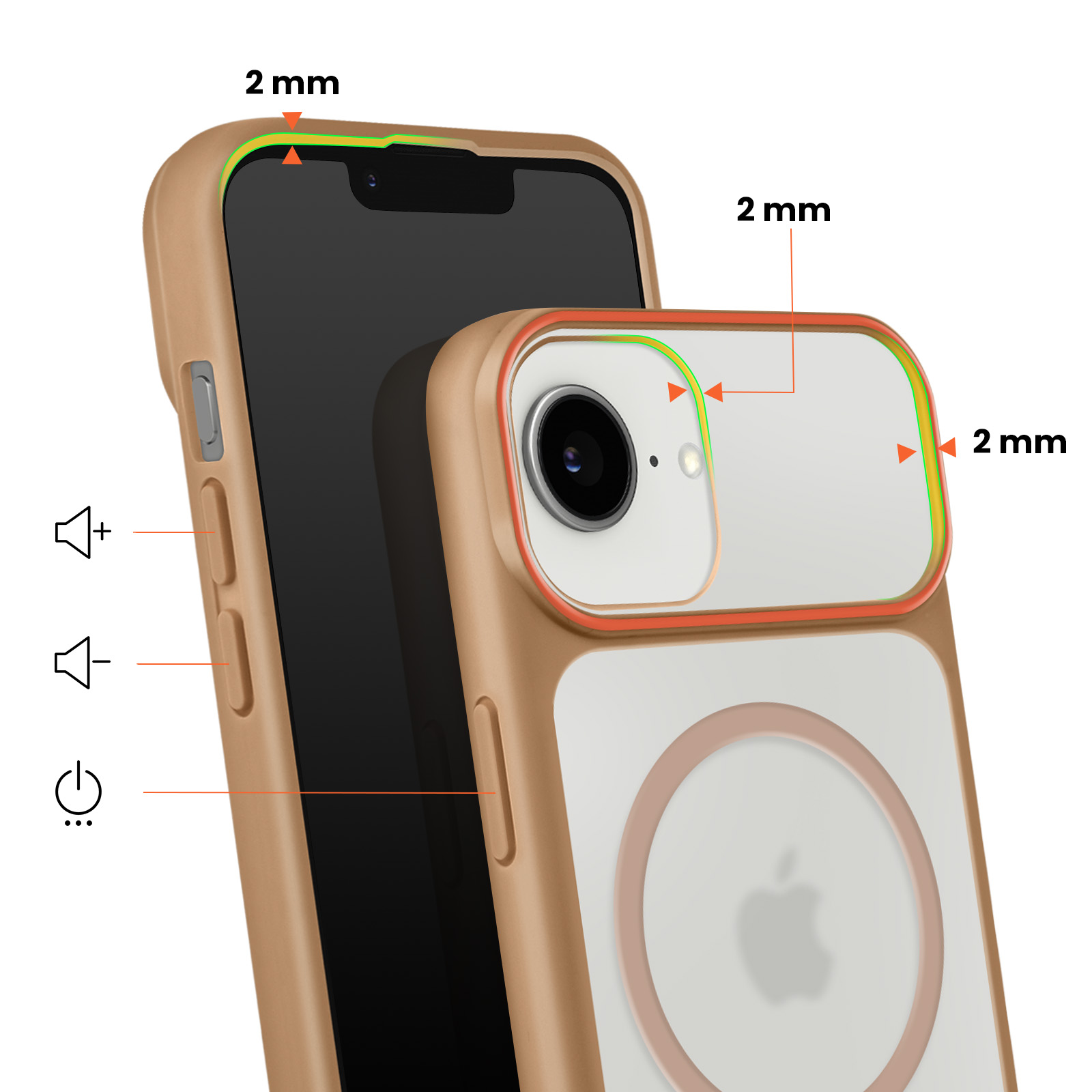 Un iPhone beige dans sa coque, montrant la caméra et des mesures de 2mm.