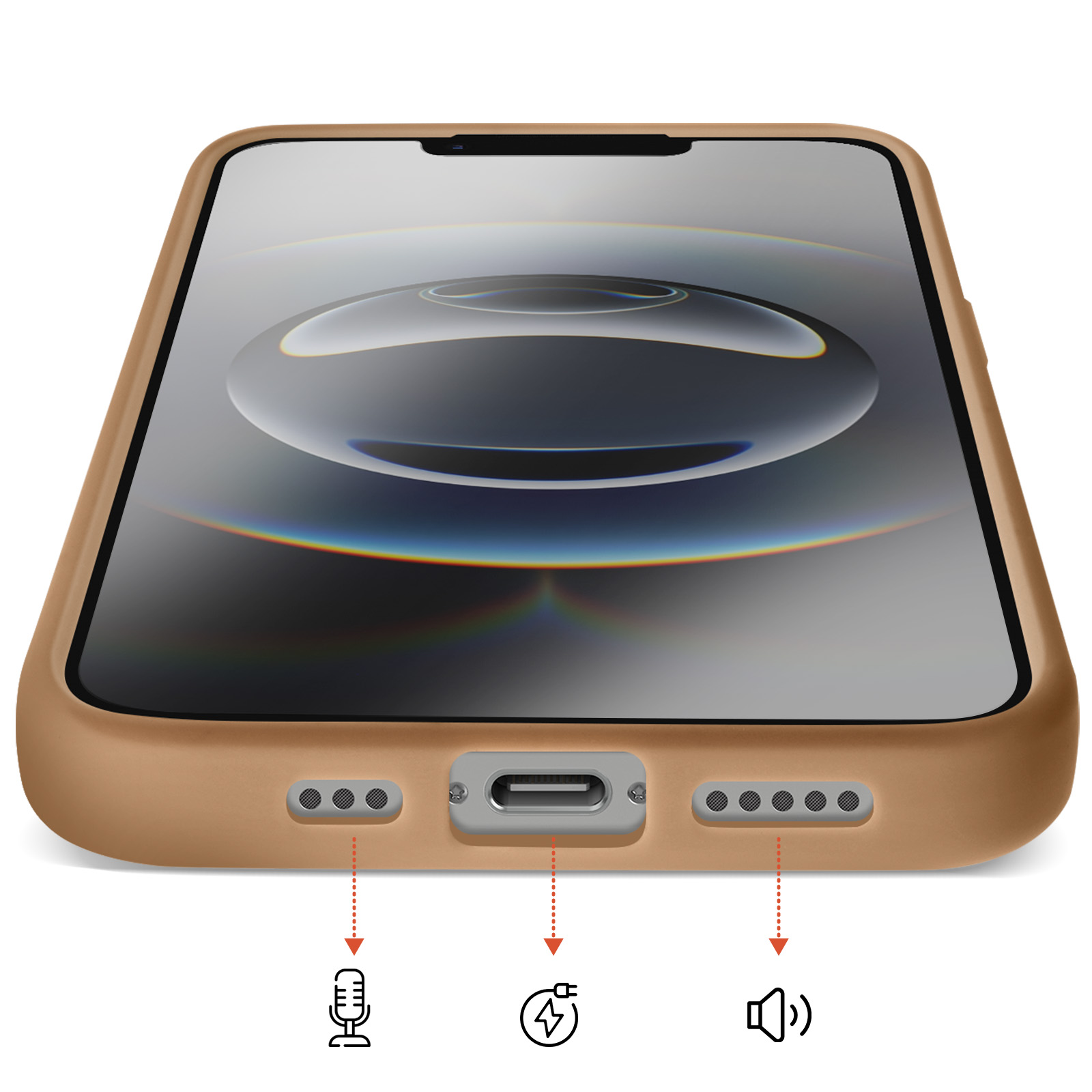 Une coque de téléphone beige avec des icônes de micro, charge et haut-parleur en bas.