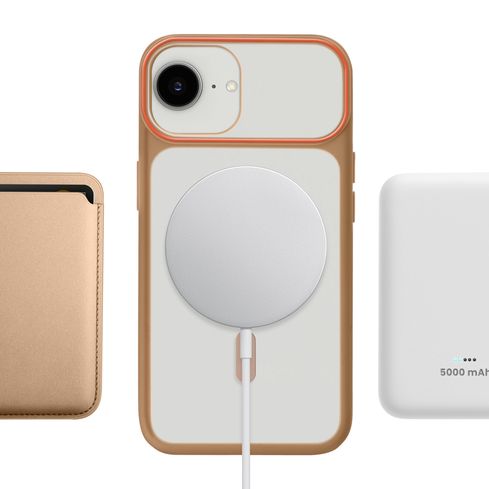 Portefeuille doré, iPhone avec chargeur MagSafe, batterie externe blanche.