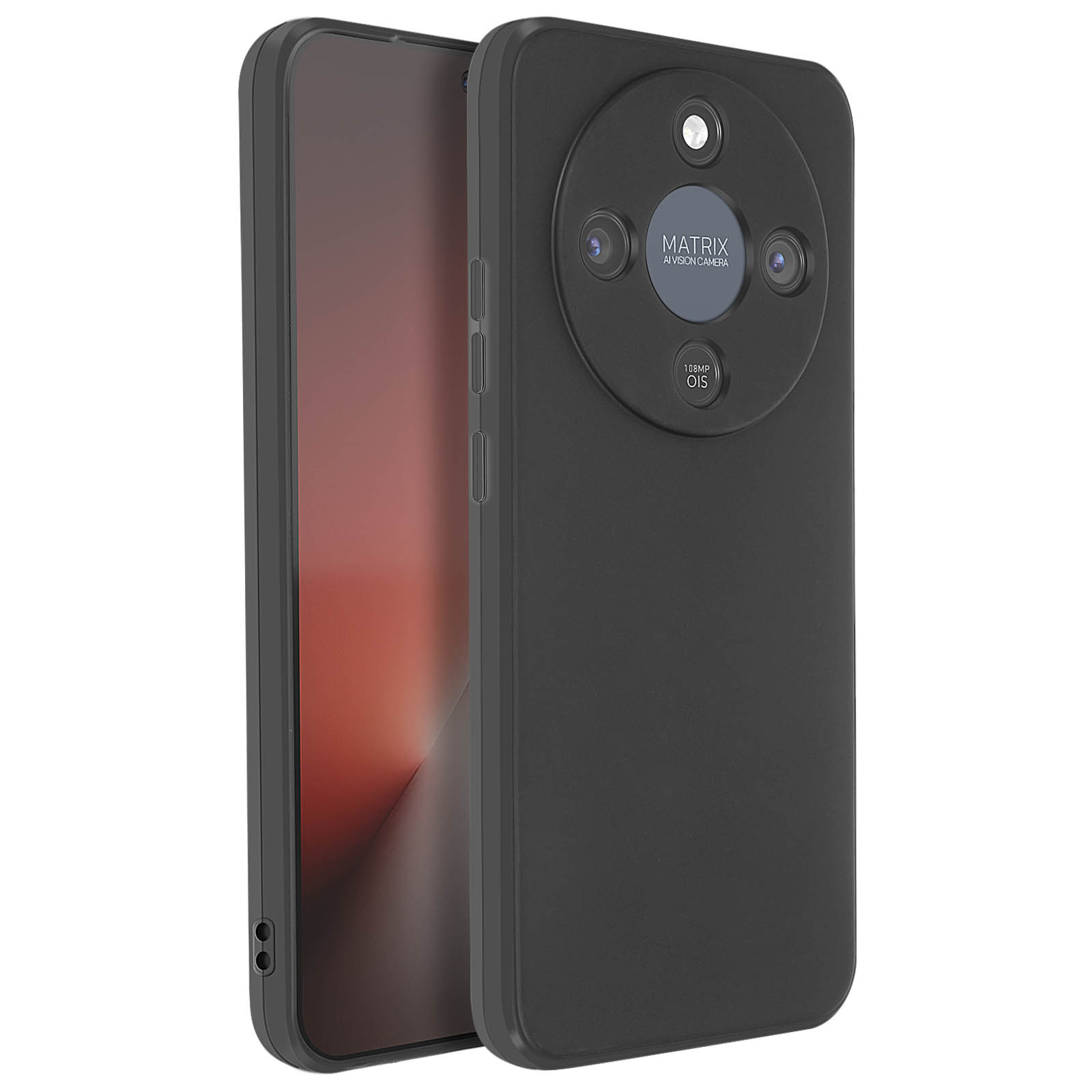 Smartphone nero con modulo fotocamera Matrix e 108MP OIS.