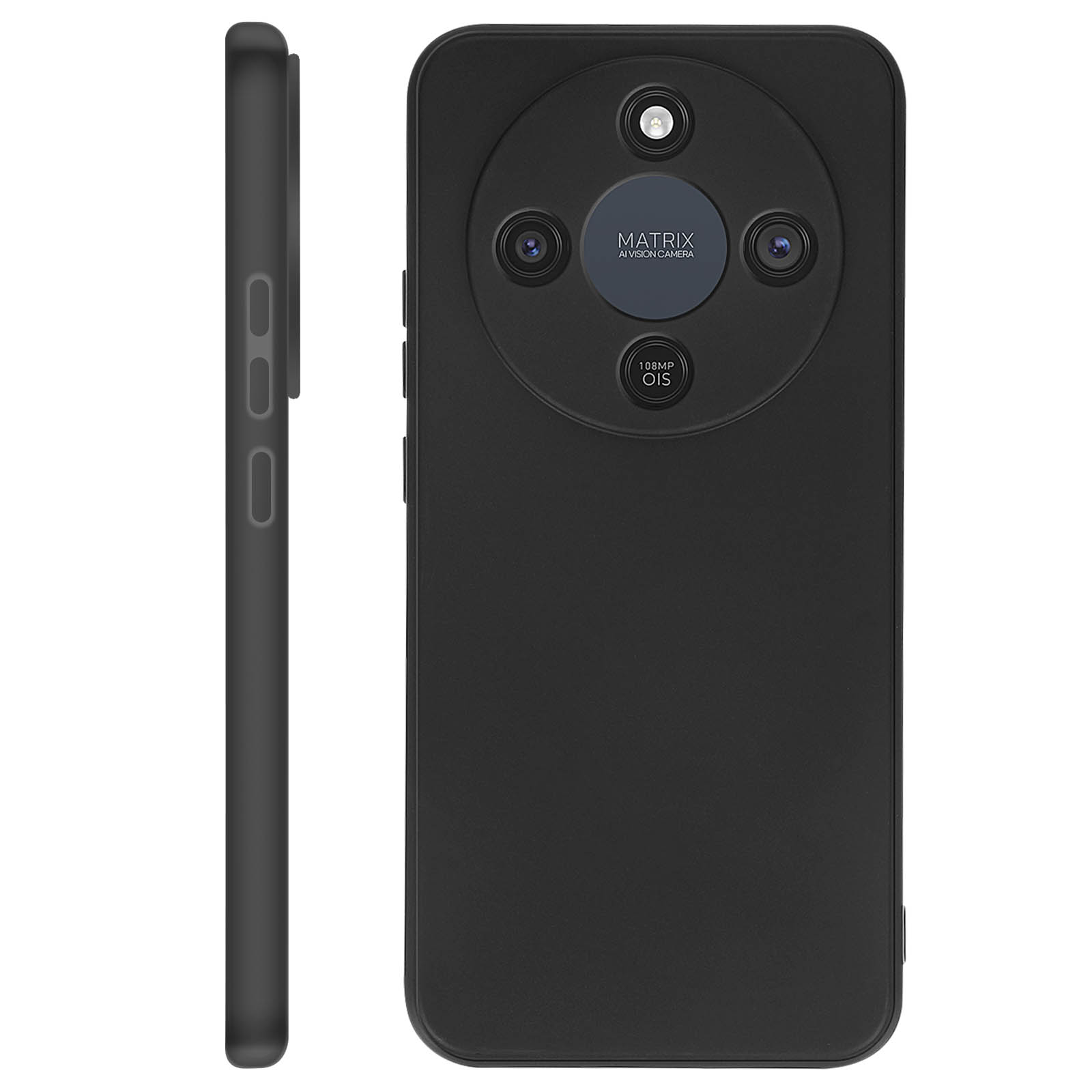 Smartphone nero con modulo fotocamera Matrix e 108MP OIS.