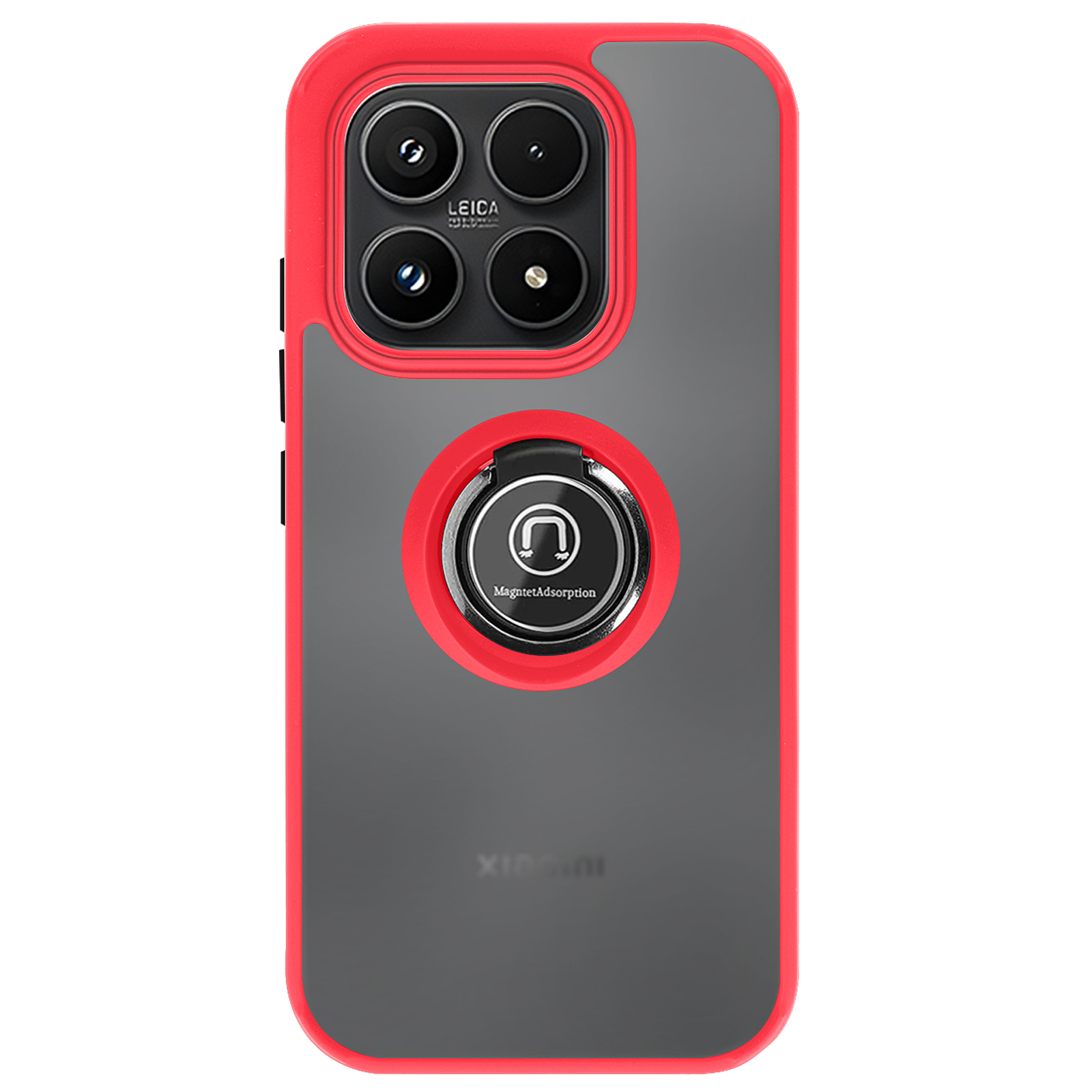 Rode telefoonhoes met vier camera's en een ringhouder.