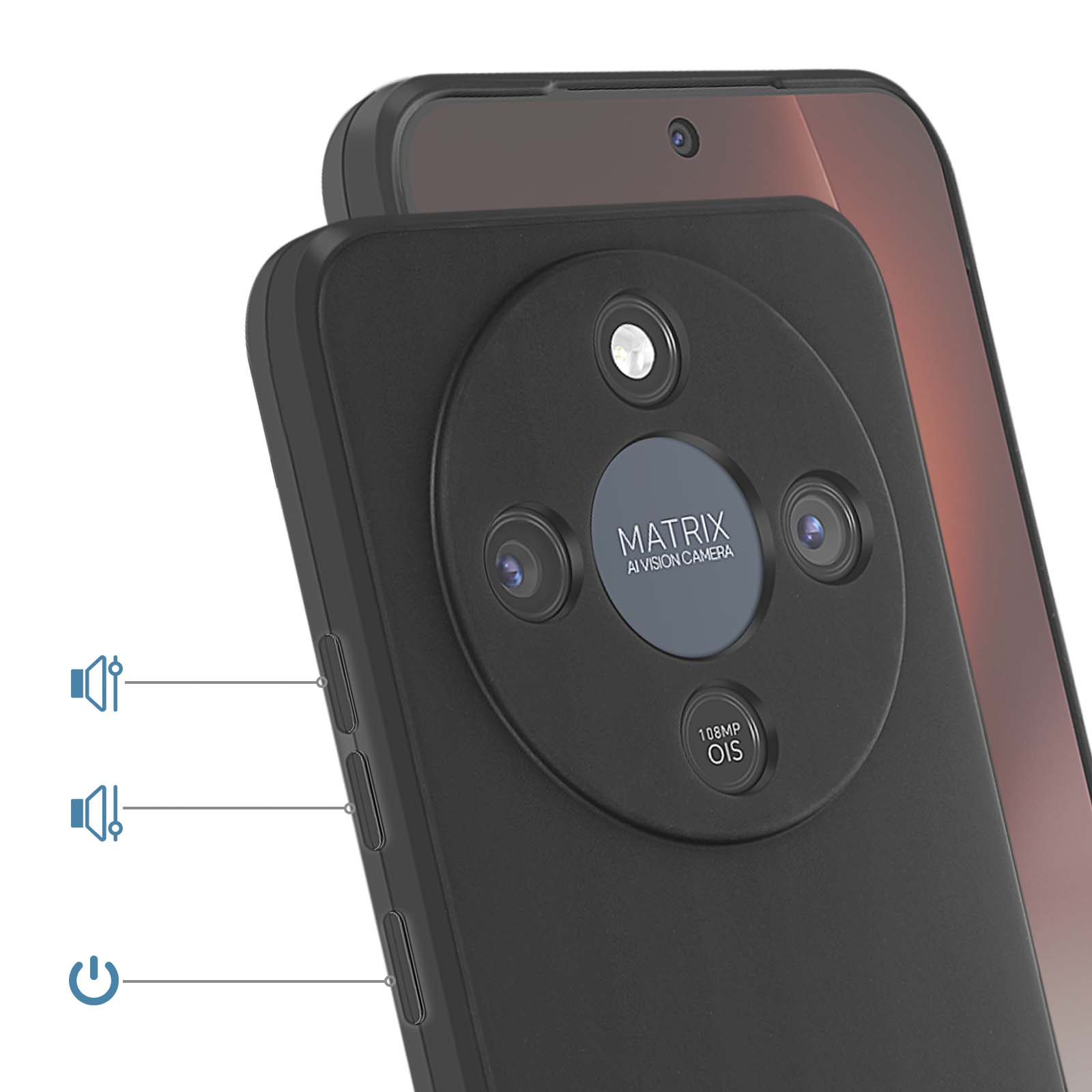 Retro di smartphone nero con fotocamera Matrix AI Vision e OIS da 108MP.
