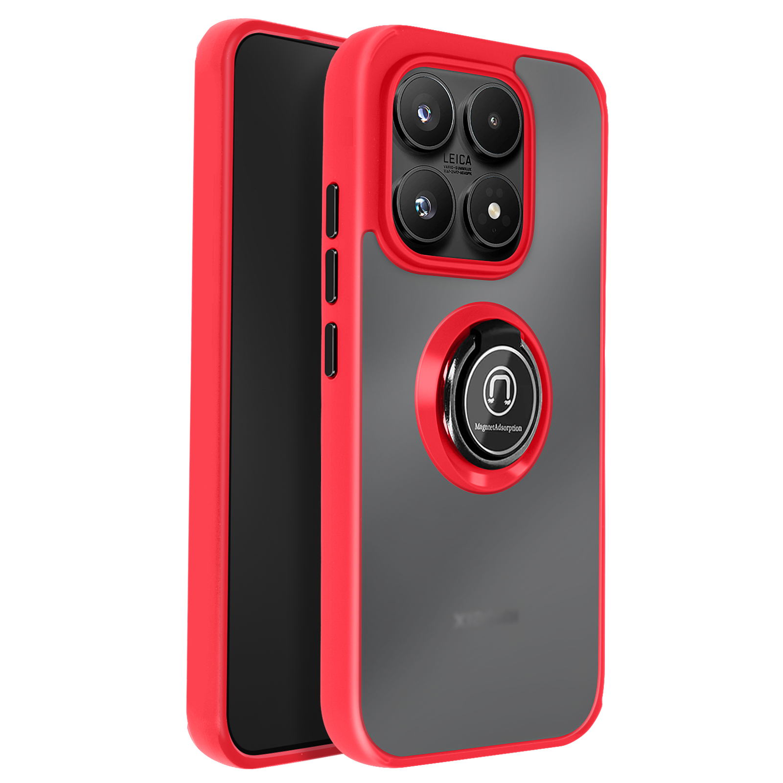 Rode telefoonhoes met quad camera en ringhouder. Transparante achterkant.