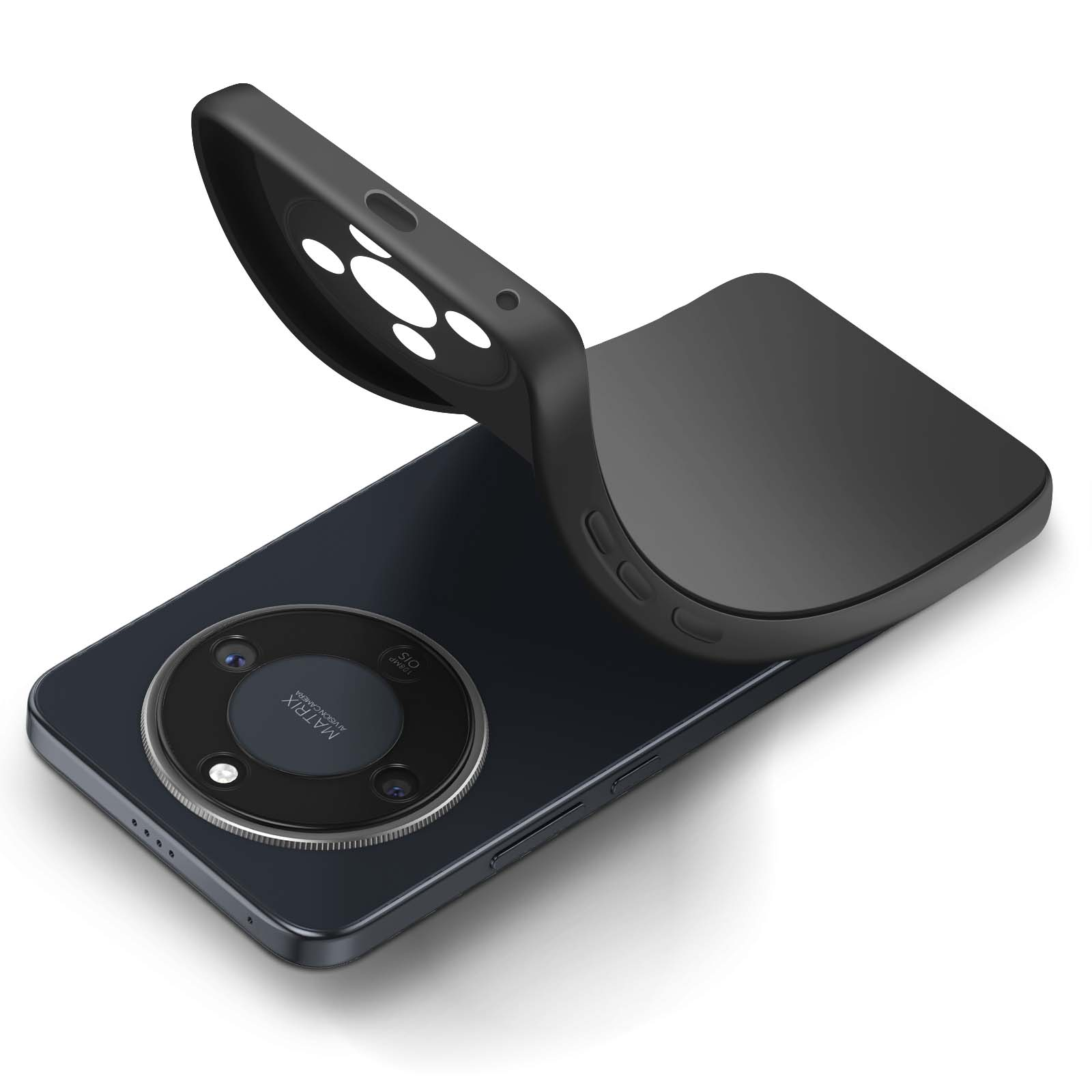 Uno smartphone nero con una cover che si solleva dal dispositivo.