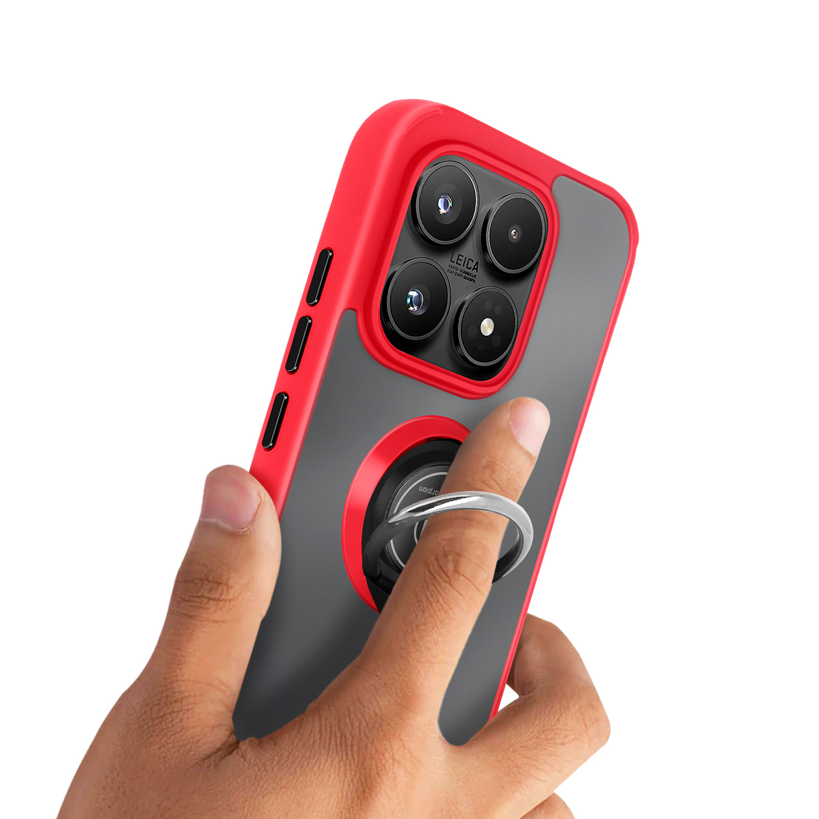 Rode telefoonhoes met ringhouder en vier cameralenzen.