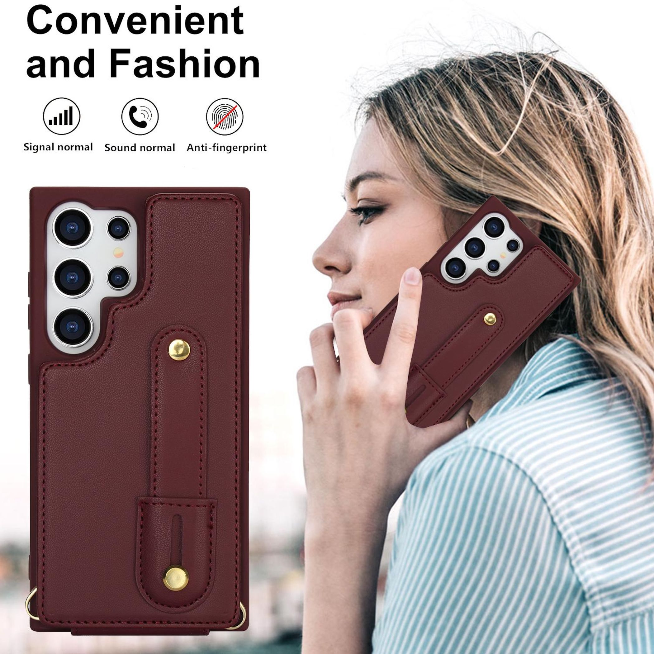 Eine Frau mit blonden Haaren hält ein dunkelrotes Handycover mit Kameras. Signal normal.