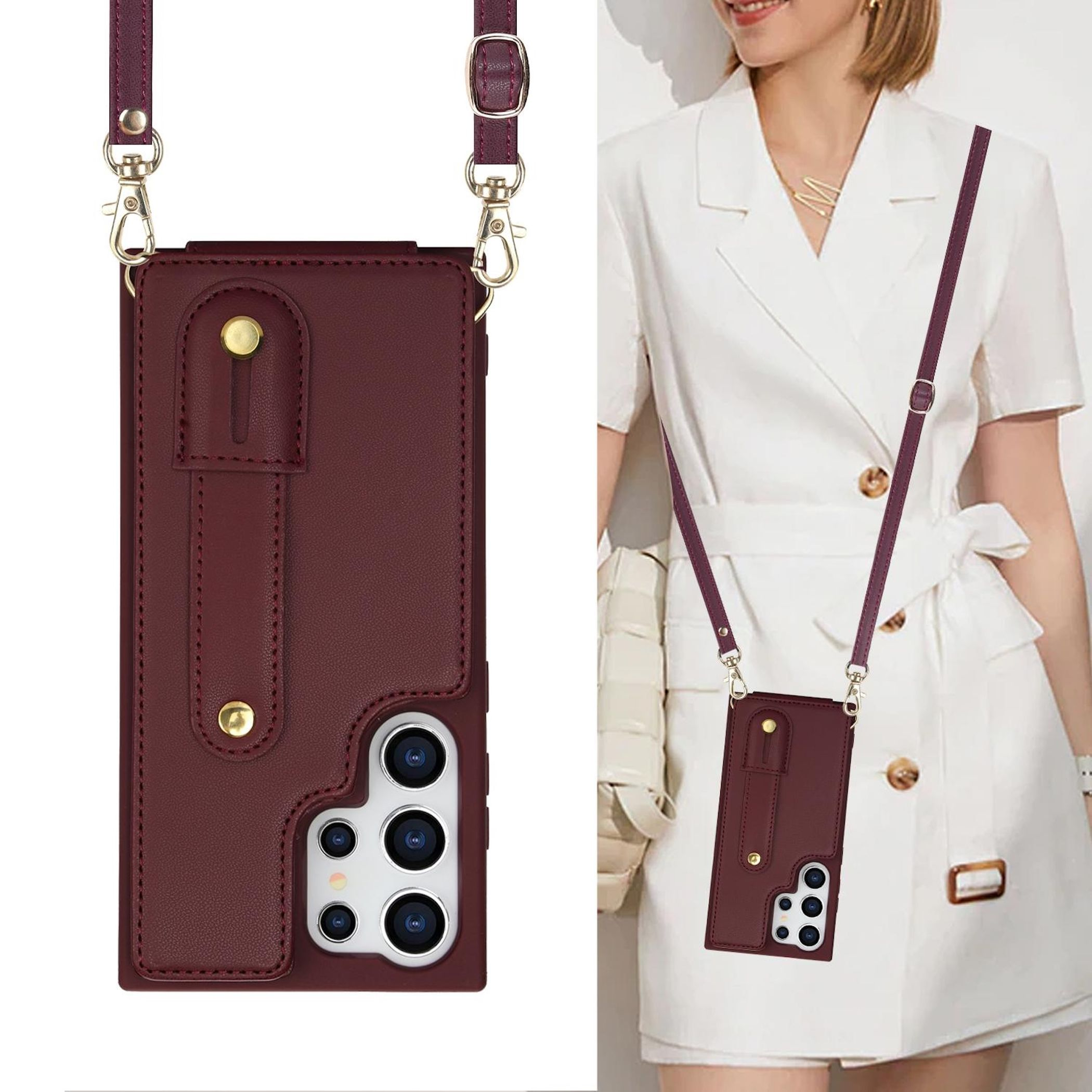 Ein dunkelrotes Handy-Etui mit Riemen, das an einem weißen Kleid getragen wird.