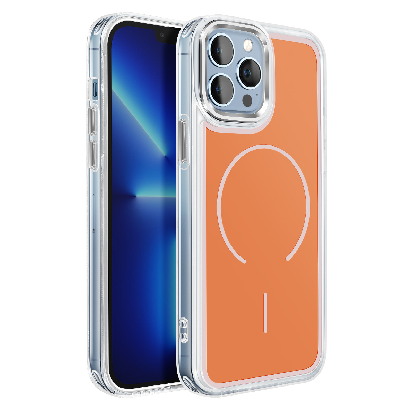 Een oranje telefoon in een doorzichtige hoes met cameramodule.