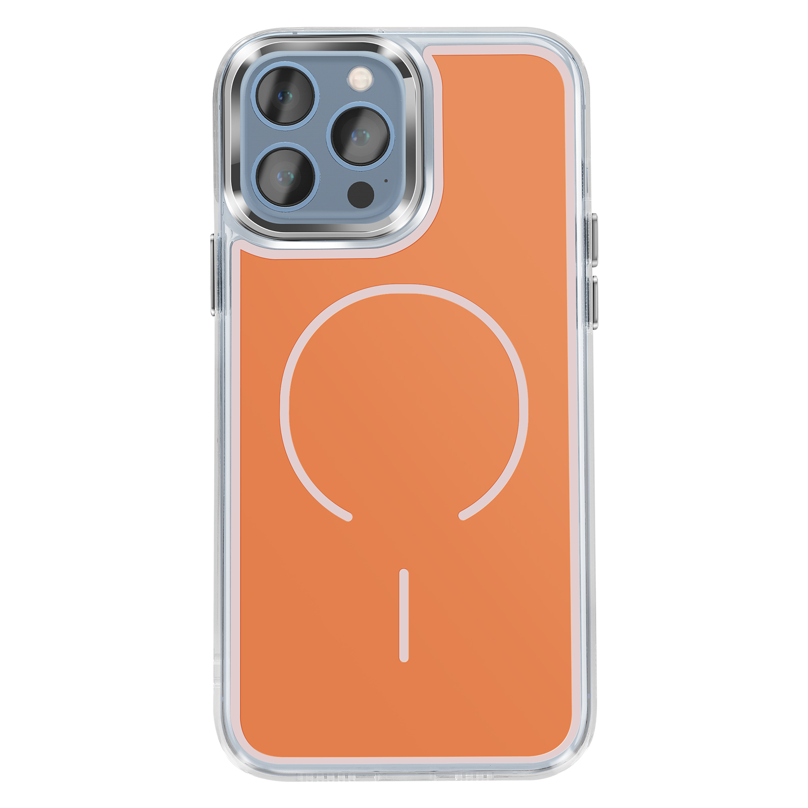 Oranje hoesje met cameralenzen en wit cirkel/lijnpatroon.