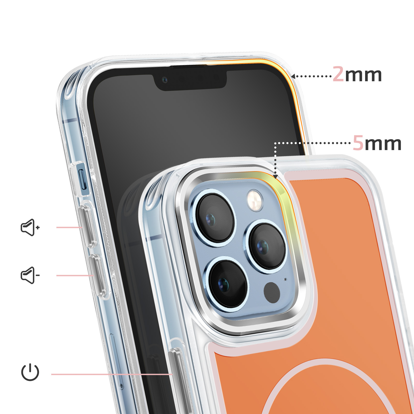 Een doorzichtige telefoonhoes met 2mm & 5mm dikte, met volume- en aan/uitknoppen.