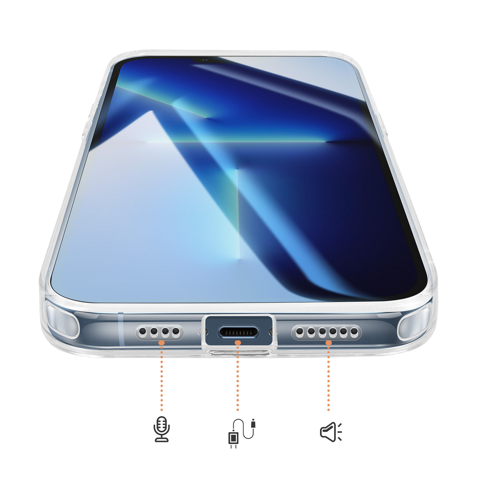 Een doorzichtige telefoonhoes toont de onderkant van een smartphone met oplaadpoort.