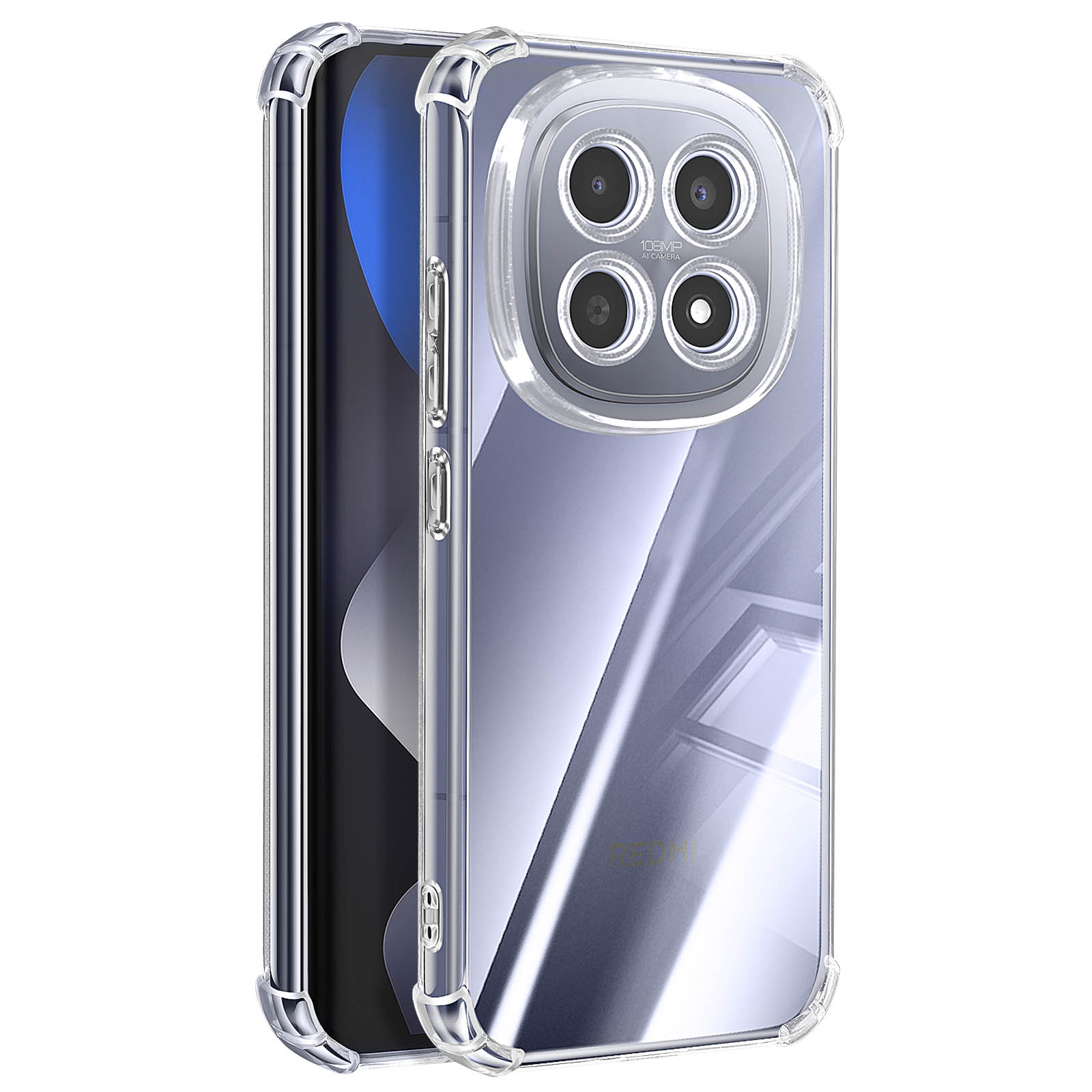 Doorzichtige telefoonhoes met viervoudige camera achteraan en versterkte hoeken.
