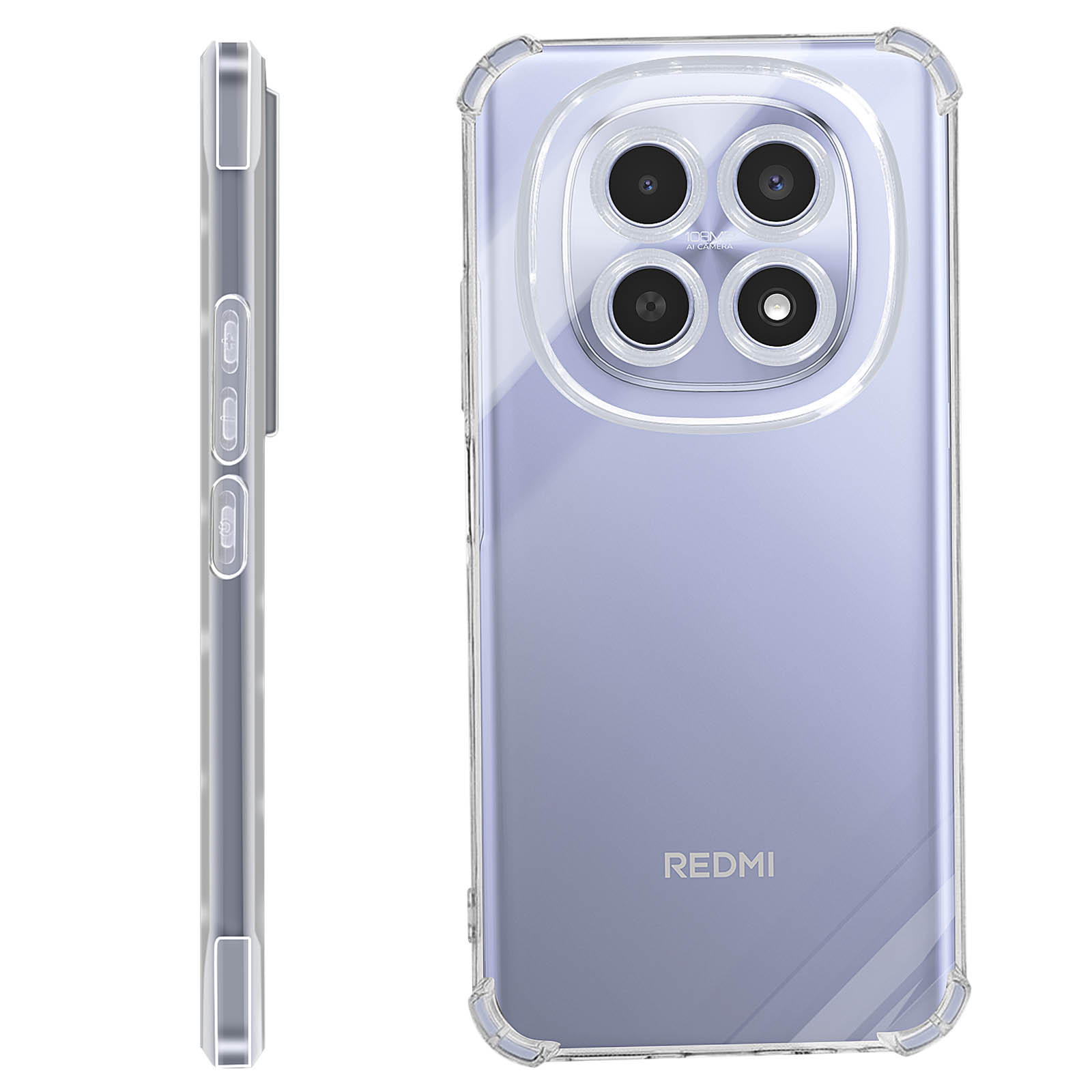 Doorzichtige hoes toont vier camera's en Redmi-logo.