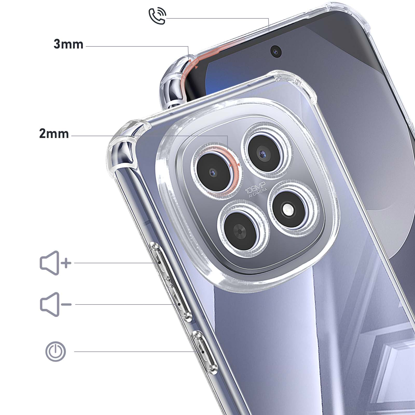Doorzichtige telefoonhoes met camerasetup en 3mm/2mm afmetingen.