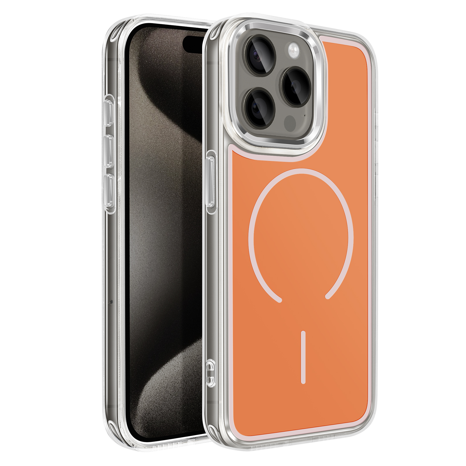 Une coque iPhone transparente avec un dos orange et trois caméras.