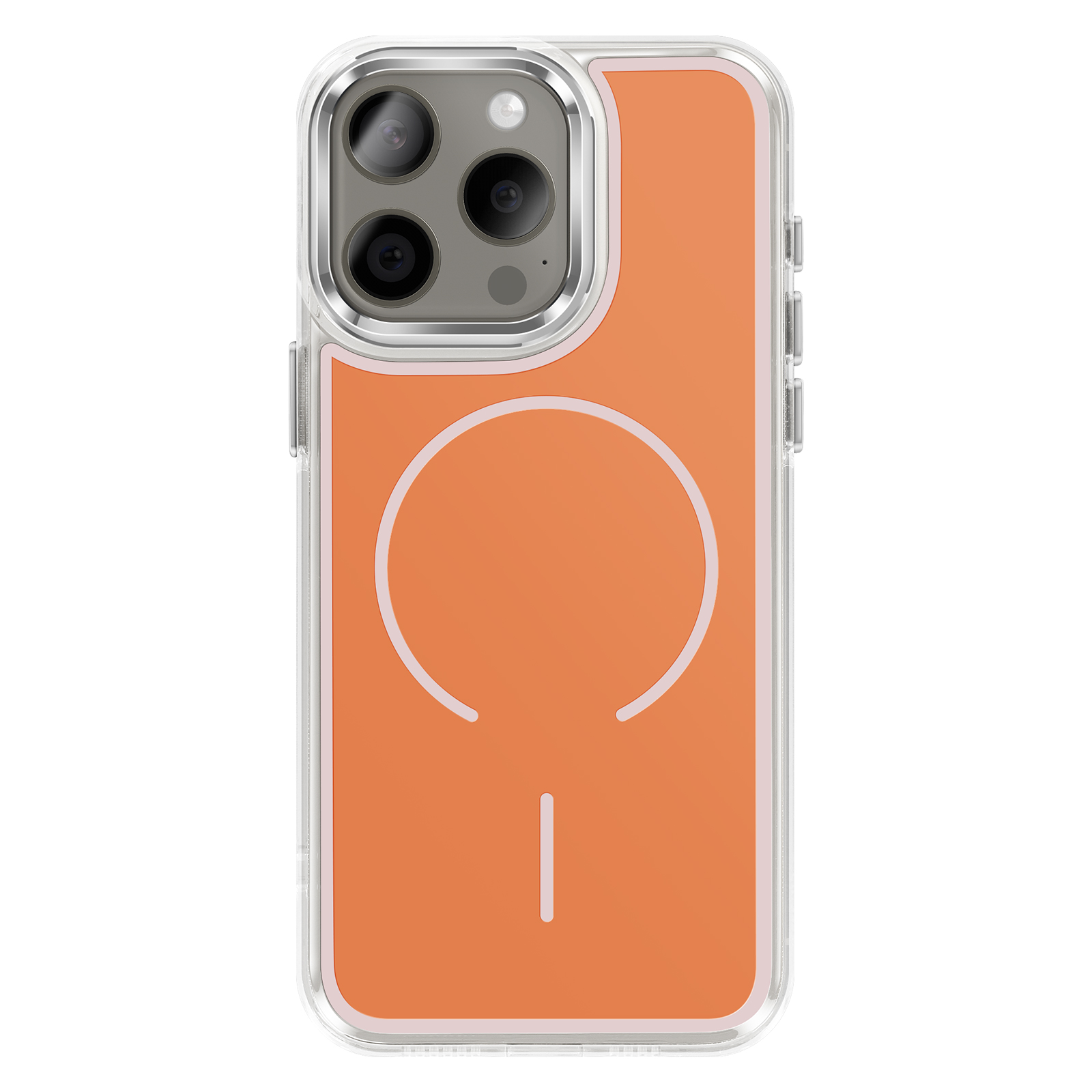 Coque transparente avec dos orange et motif cercle de chargement.