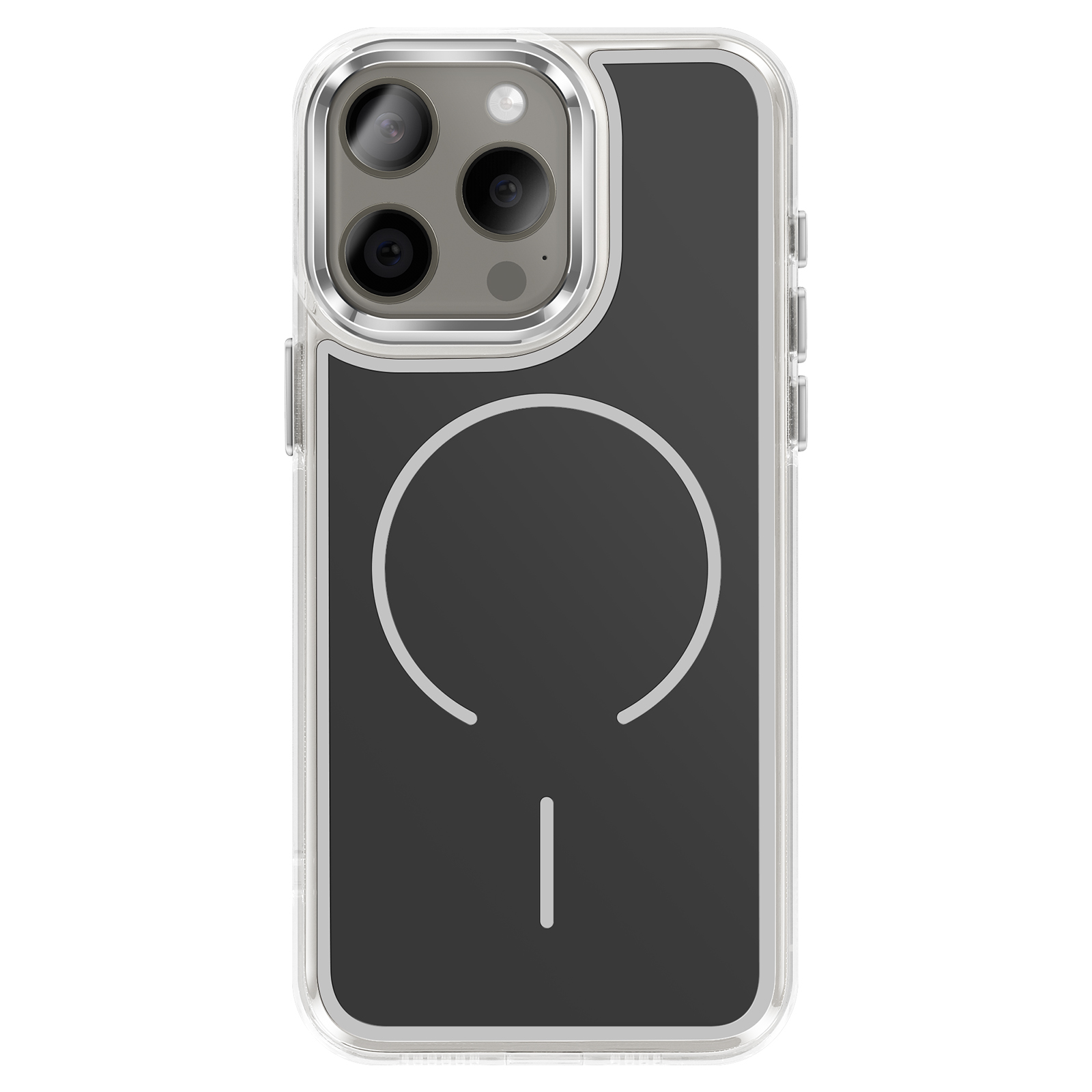 Een doorzichtige telefoonhoes met zilveren rand, met drievoudige camera.