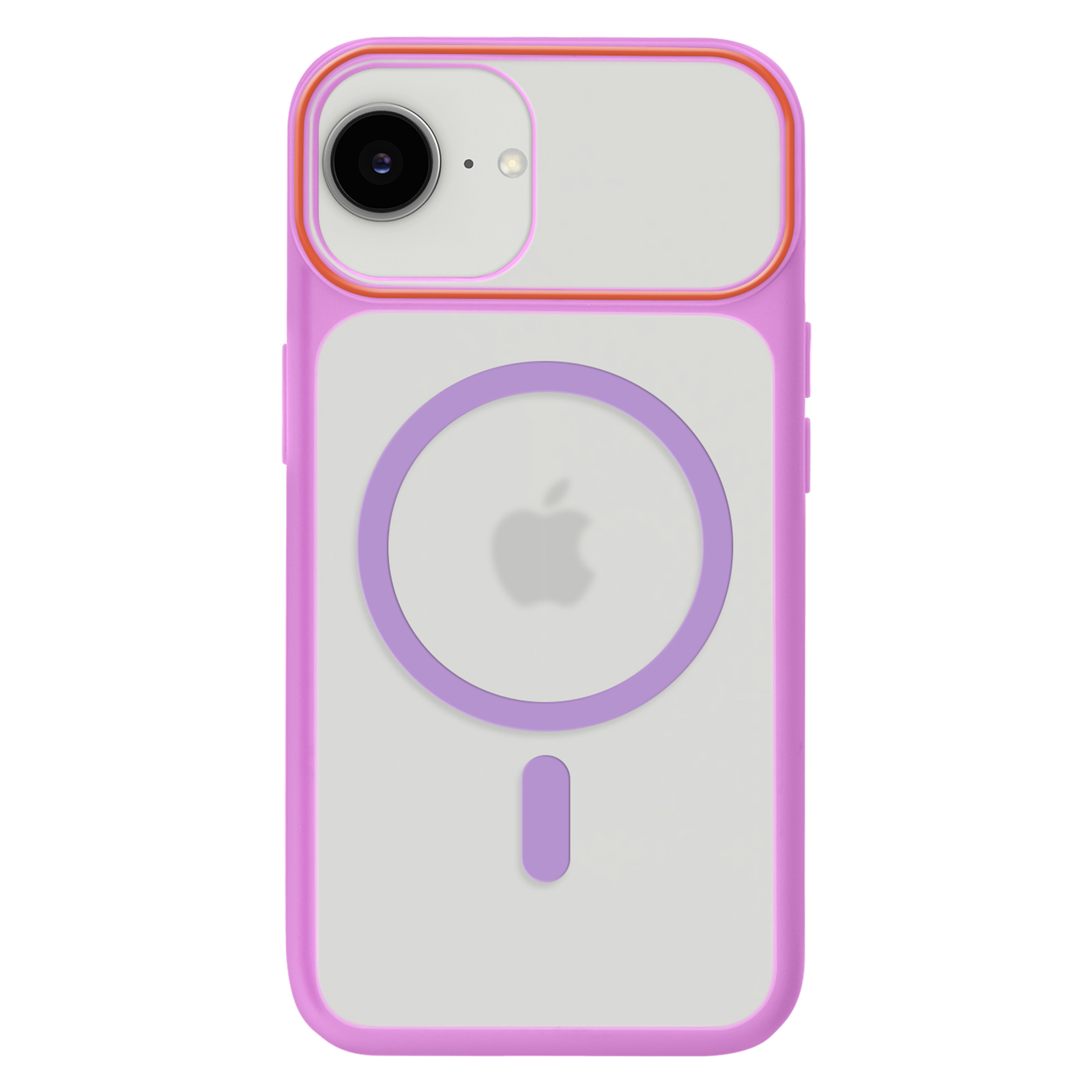 Custodia rosa per iPhone con anello MagSafe e logo Apple.