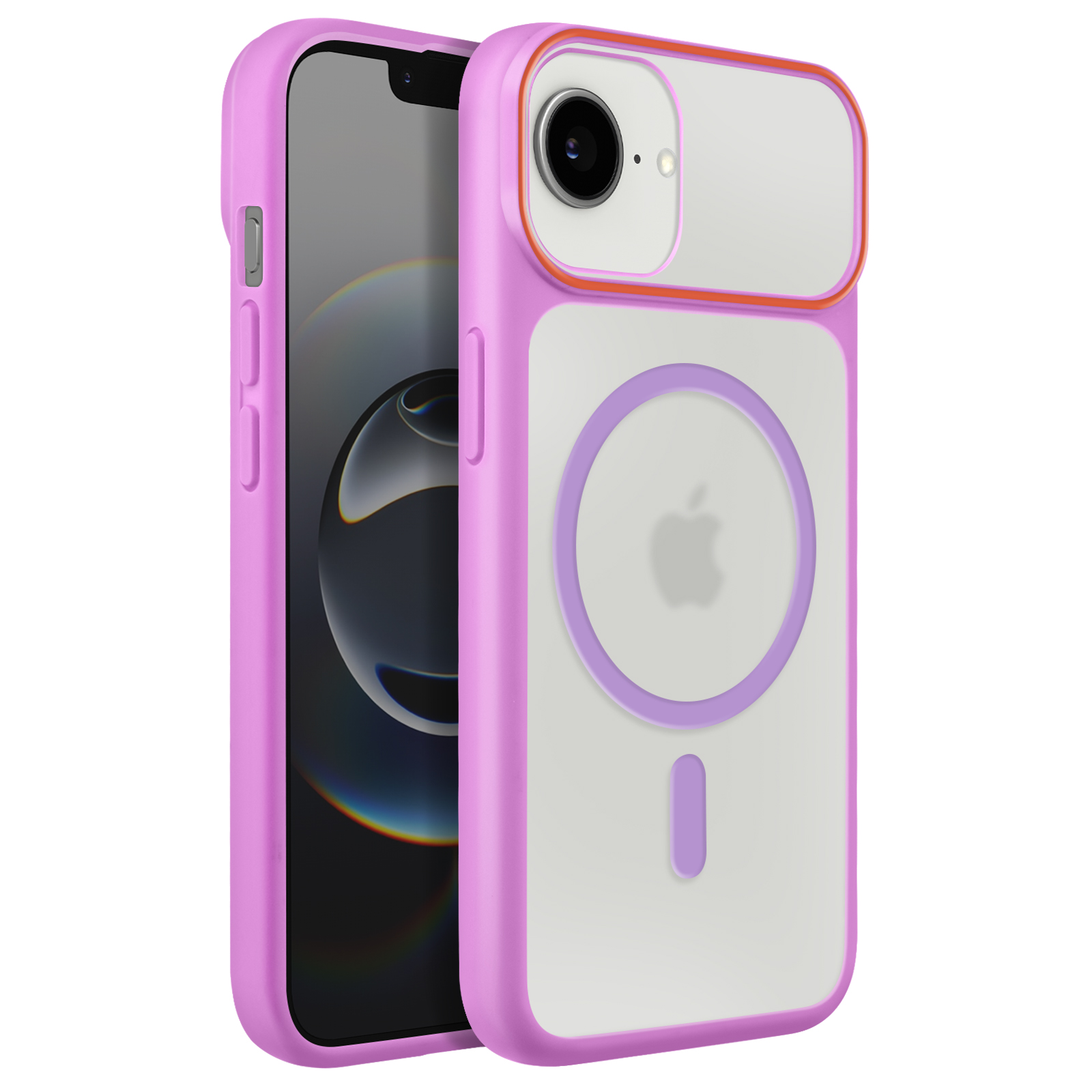 Un iPhone viola con custodia trasparente e bordo arancione.