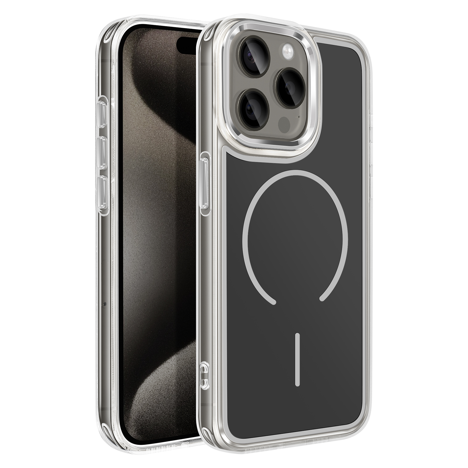 Een doorzichtige iPhone hoes met zilveren rand.