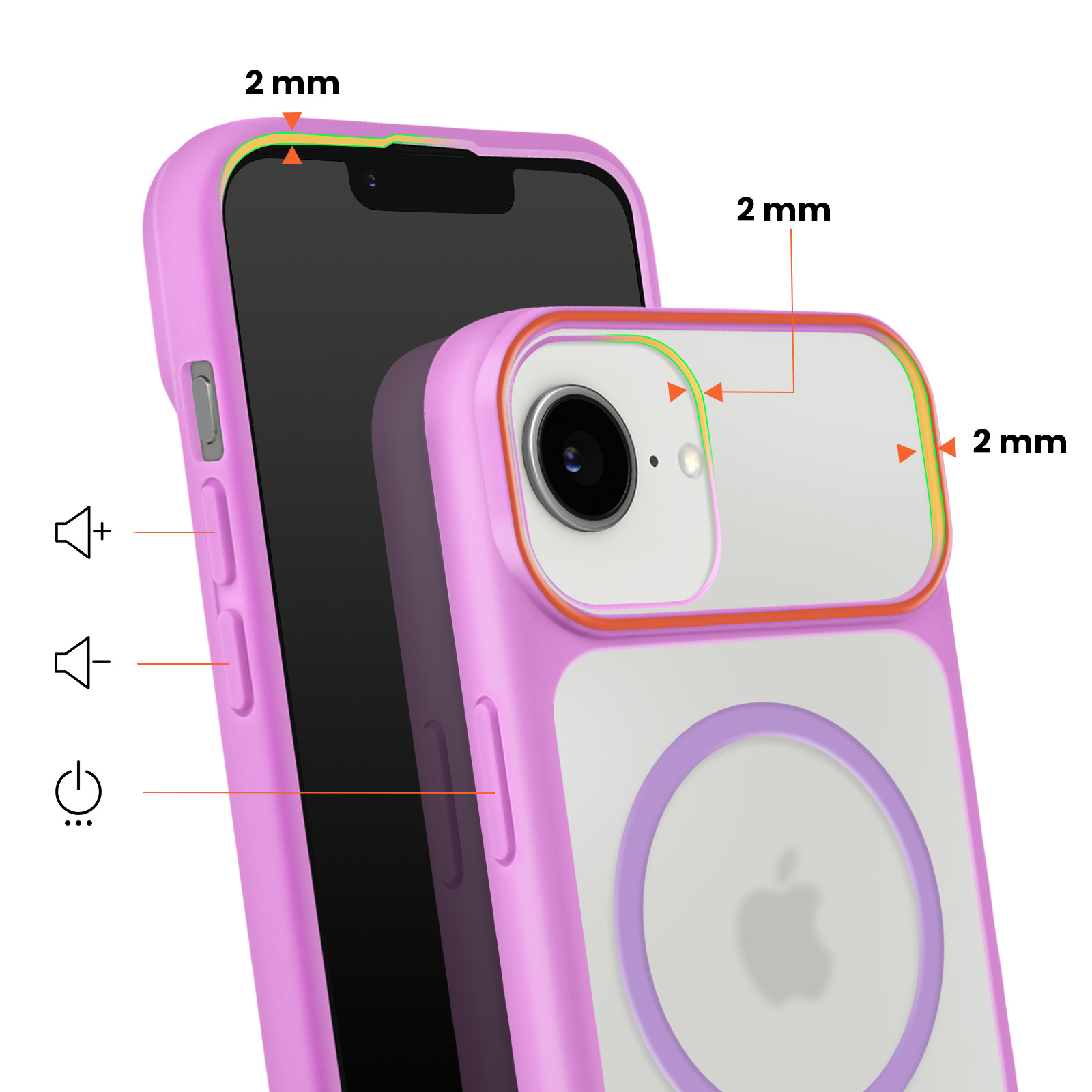 Una cover viola per iPhone che mostra indicatori di fotocamera e volume.