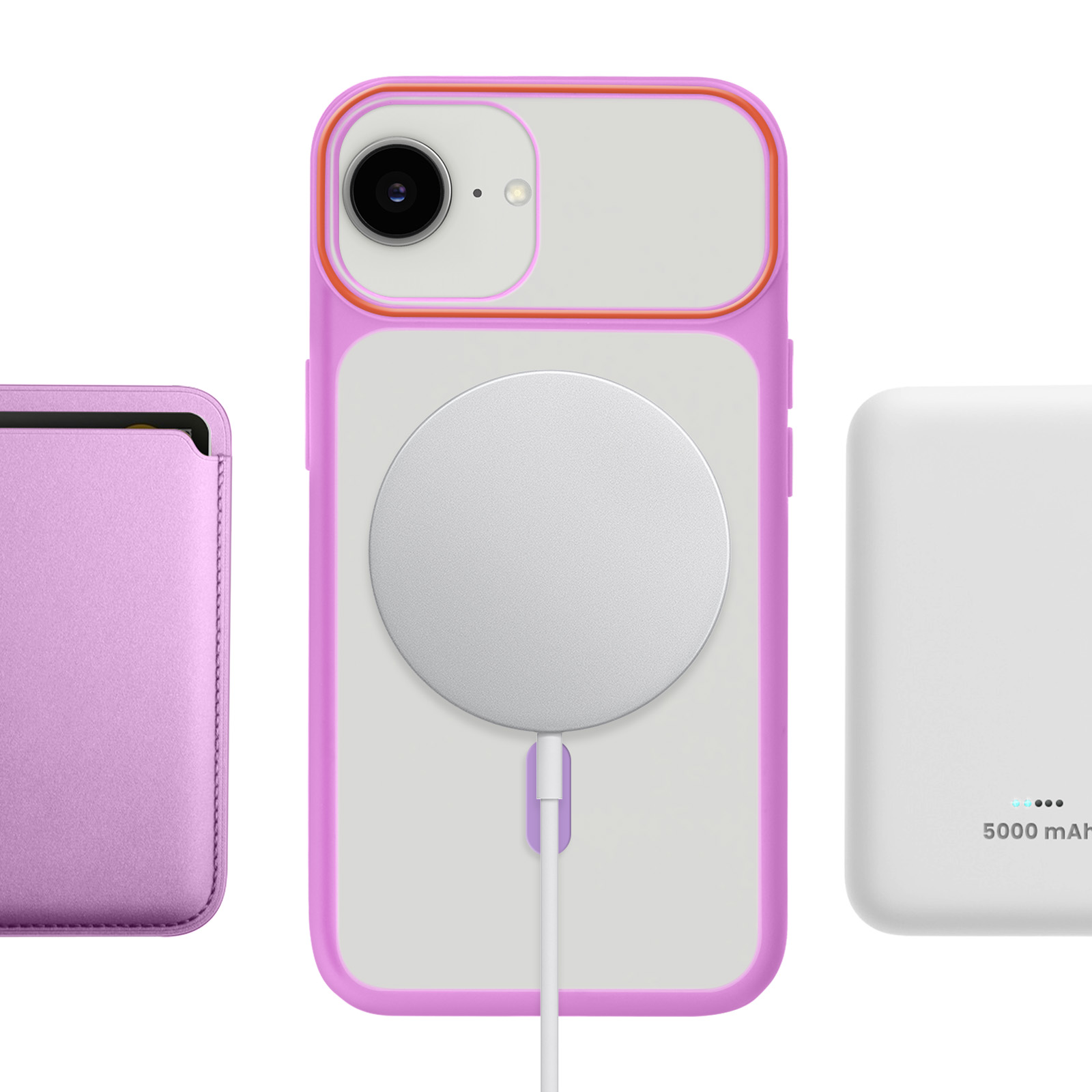 Custodia lavanda per telefono con caricabatterie MagSafe, custodia e power bank bianca.