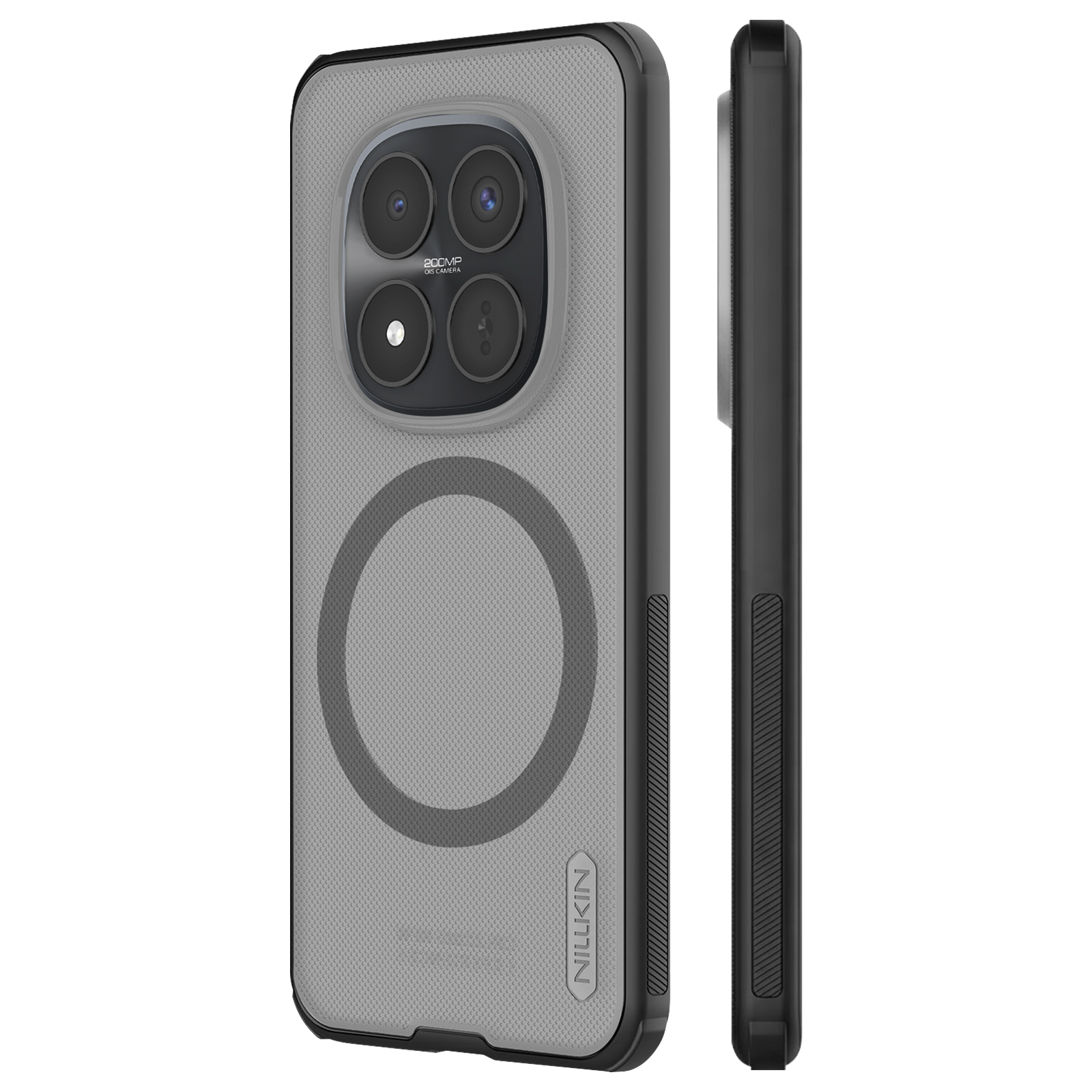Custodia grigia per telefono con array fotocamera e logo Nillkin.