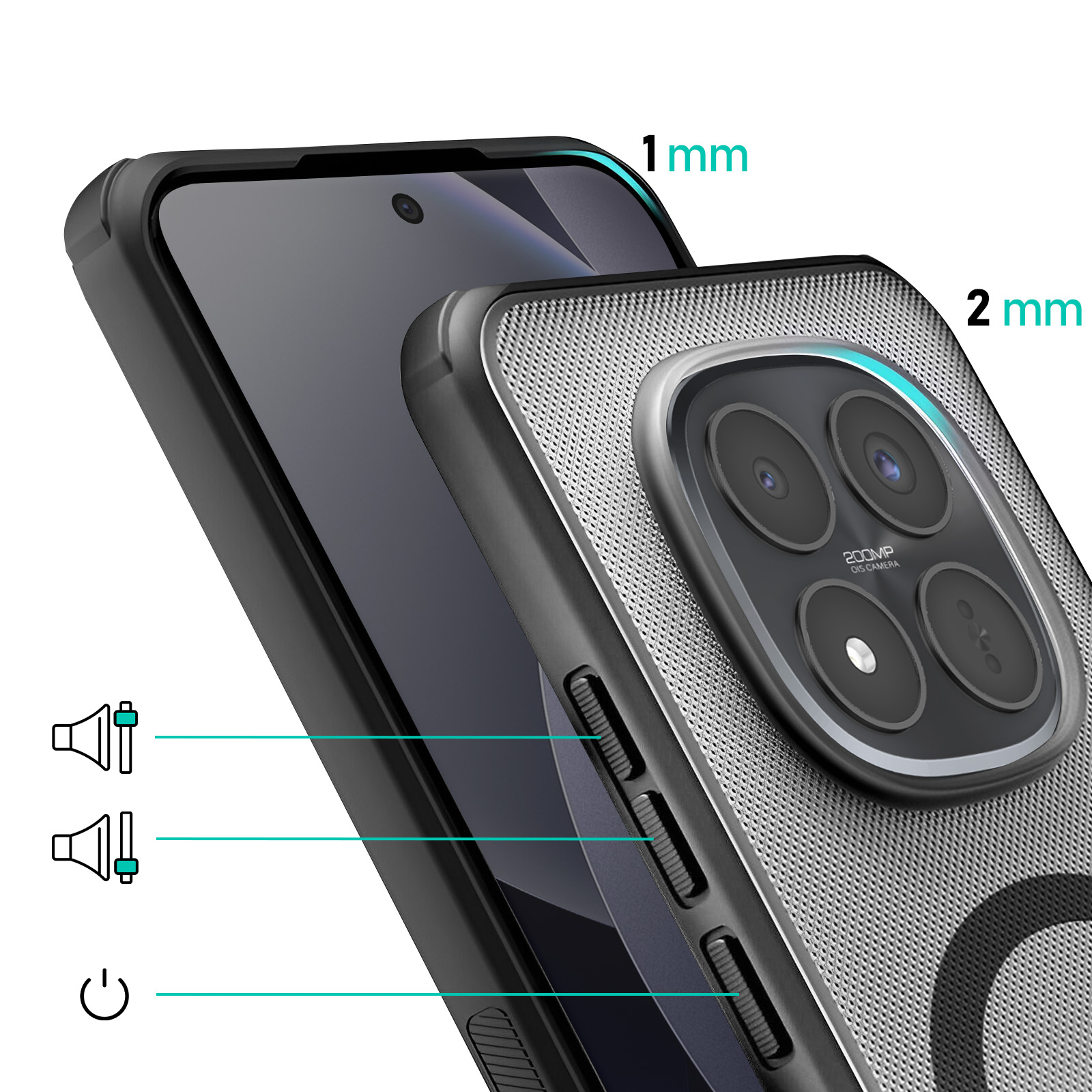 Custodia nera per telefono con protezione schermo da 1mm e fotocamera da 2mm.