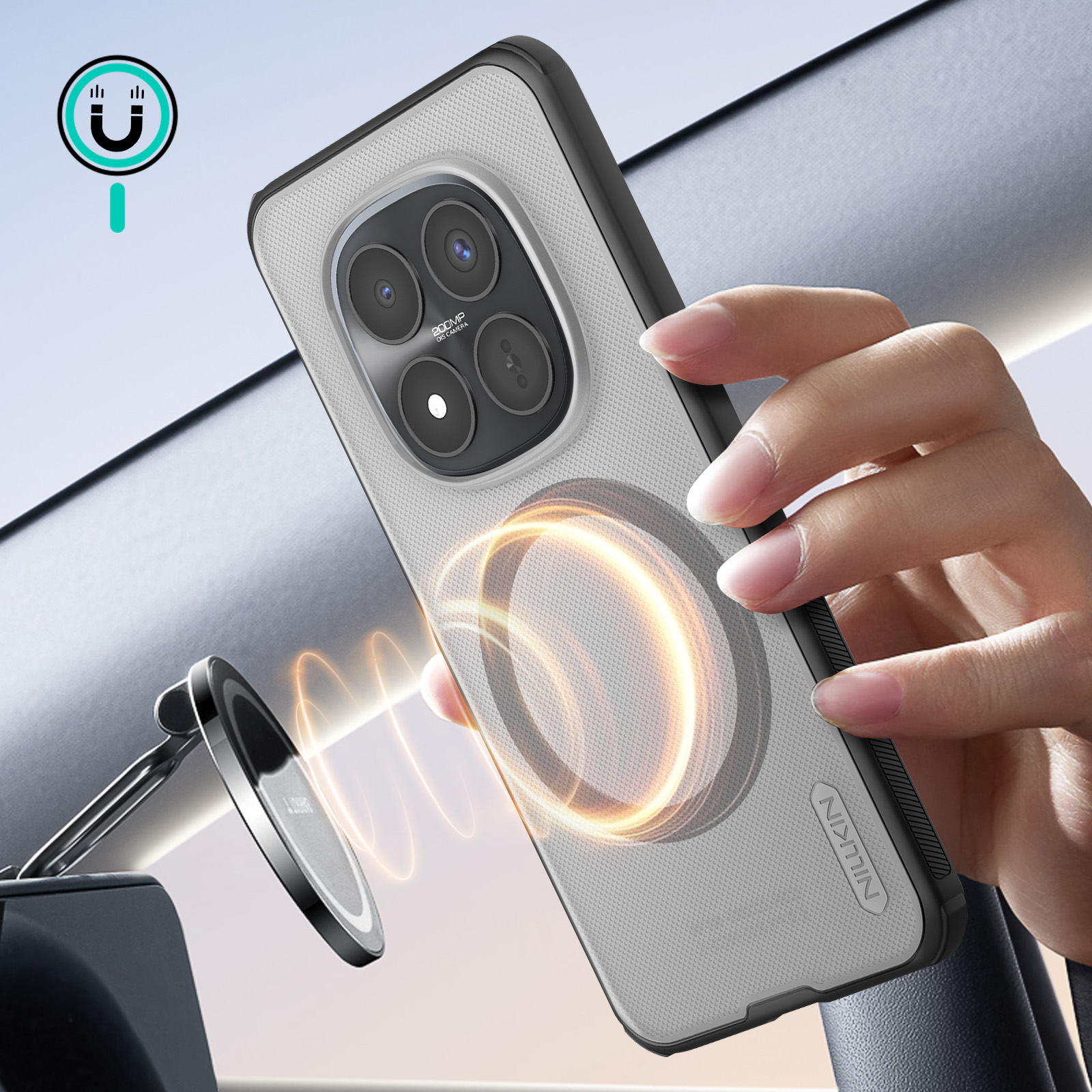 Mano tiene telefono con anello magnetico e supporto auto. Icona magnetica.